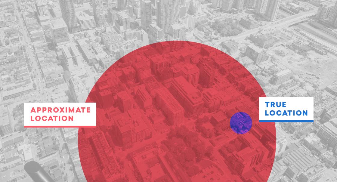 Aerial view of a city with a red circle indicating an approximate location and a blue dot marking the true location.