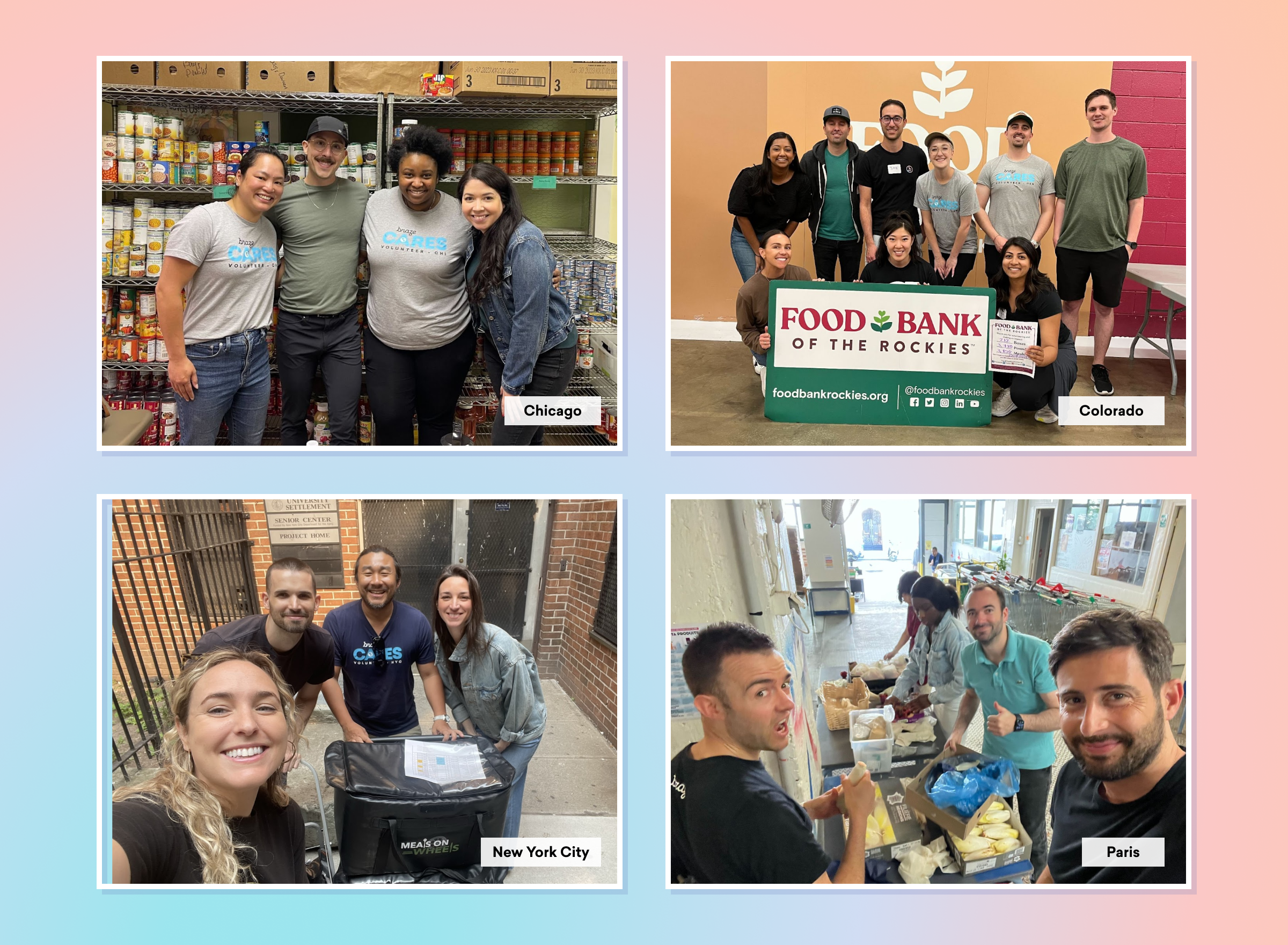 A collage featuring four groups of volunteers at food banks in Chicago, Colorado, New York City, and Paris, engaged in various activities like sorting food and smiling for the camera.