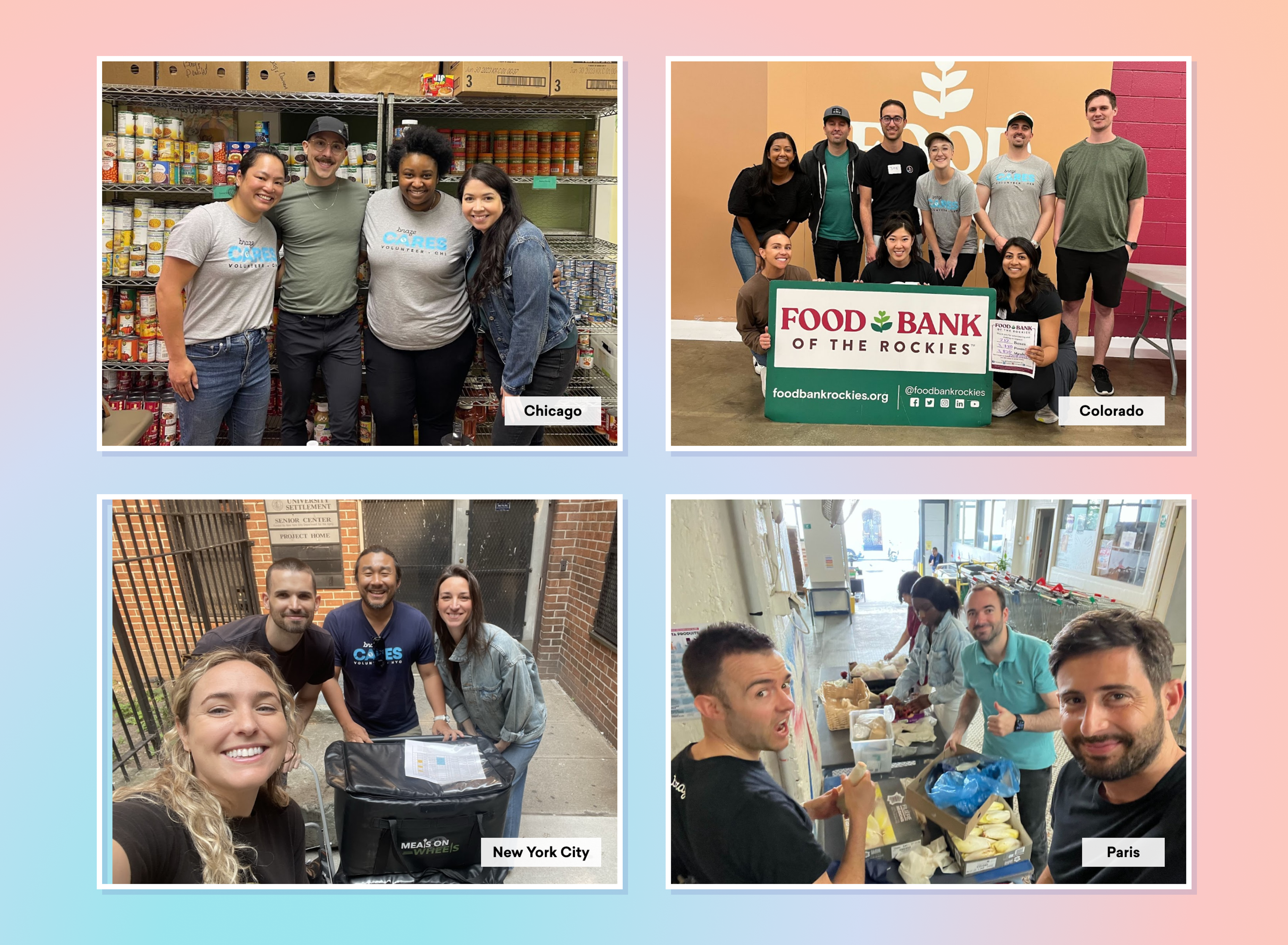 A collage featuring four groups of volunteers at food banks in Chicago, Colorado, New York City, and Paris, engaged in various activities like sorting food and smiling for the camera.