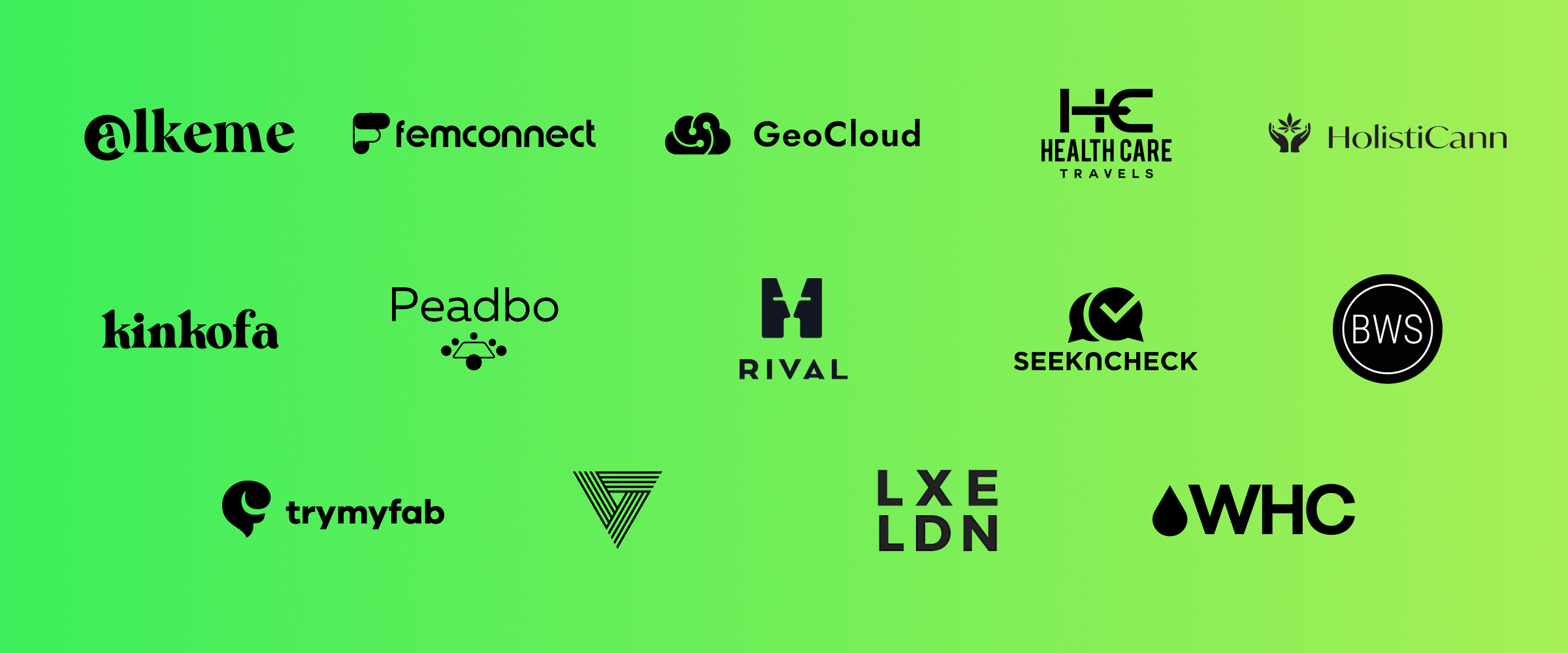 A grid of various company logos on a gradient green background. The logos include Alkeme, femconnect, GeoCloud, and others.