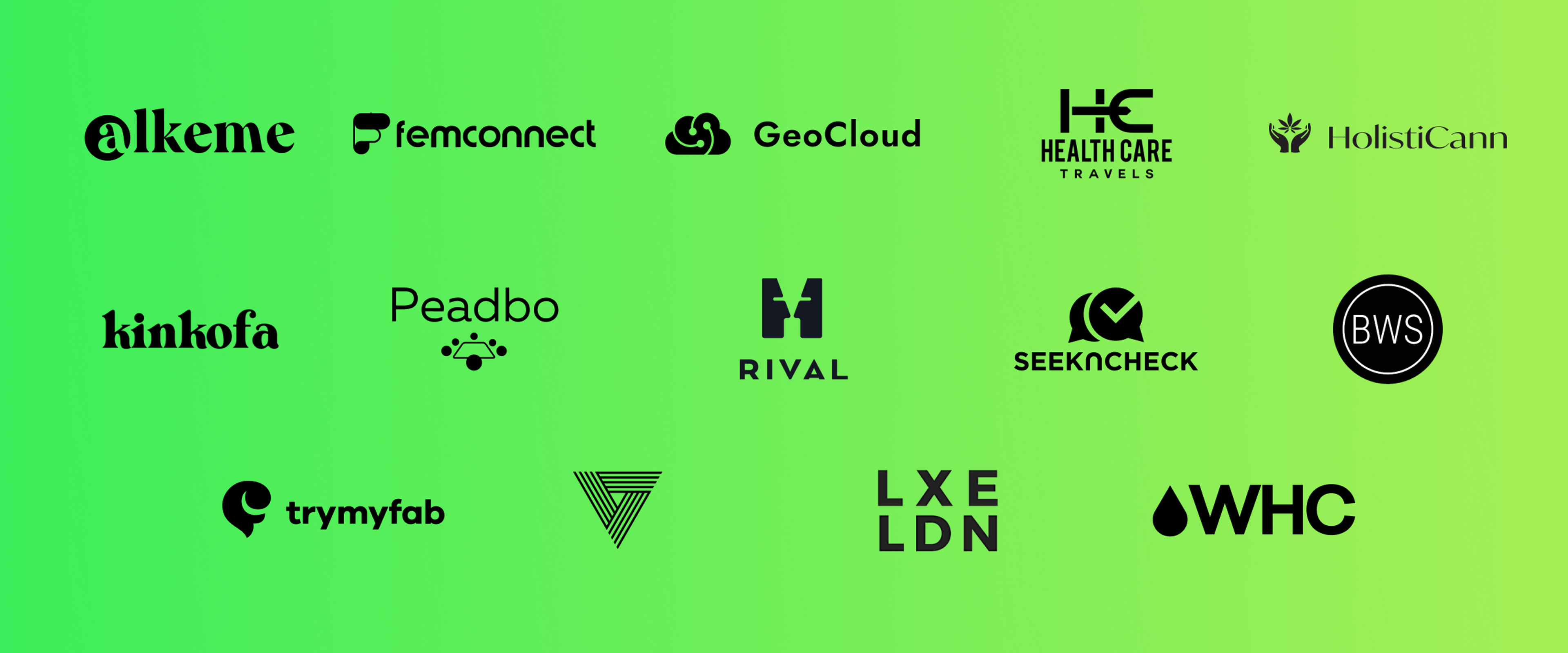 A grid of various company logos on a gradient green background. The logos include Alkeme, femconnect, GeoCloud, and others.