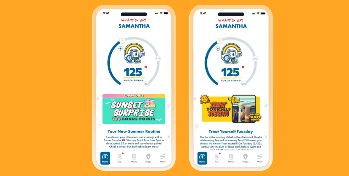 Two smartphone screens displaying a mobile app interface. The left screen shows a user profile with a score of 125 points, while the right screen features promotional offers for bonus points and a special treat.