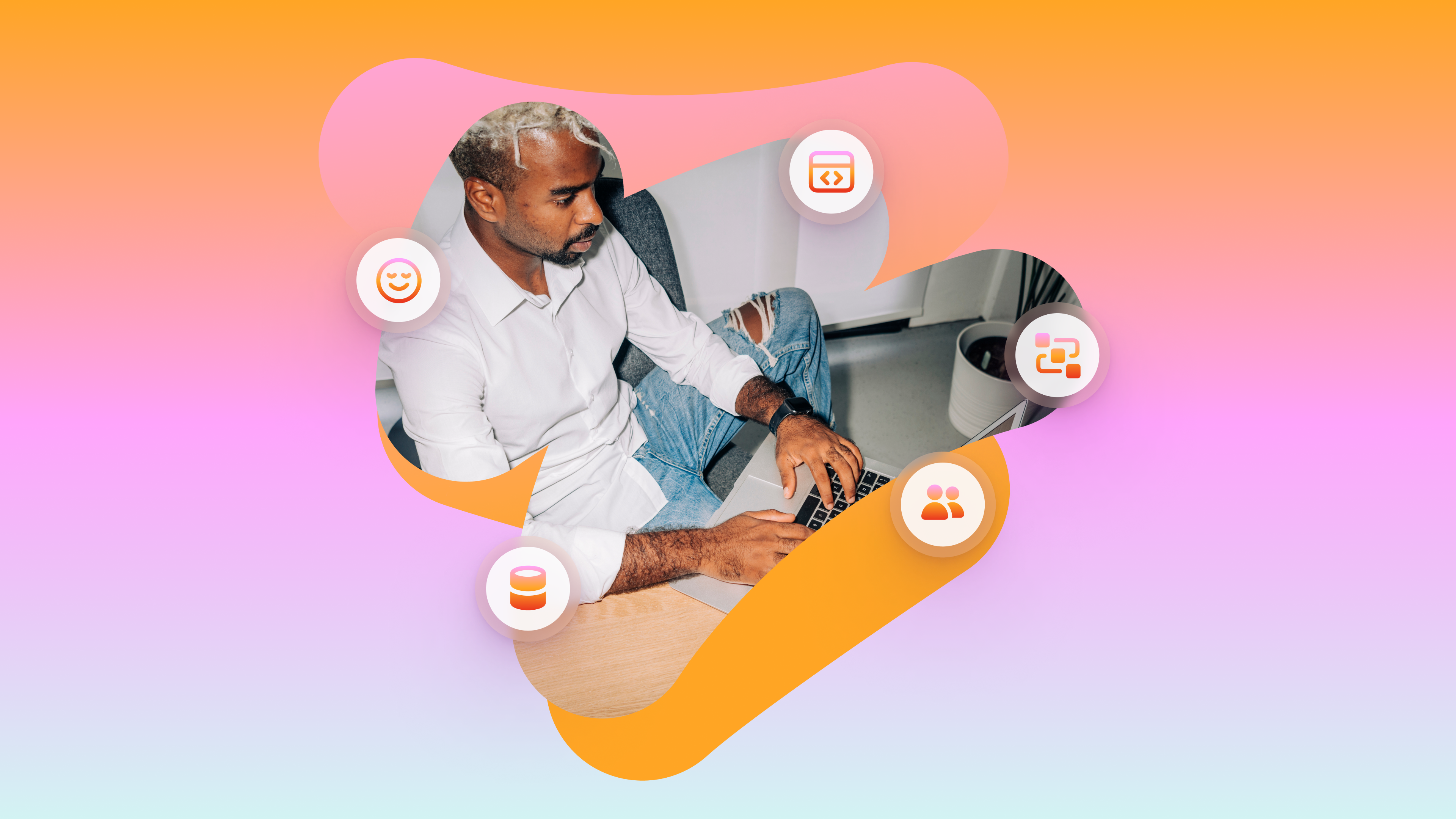 A man with blonde hair types on a laptop, surrounded by icons for coding, data, and collaboration, set against an orange, pink, and blue gradient.
