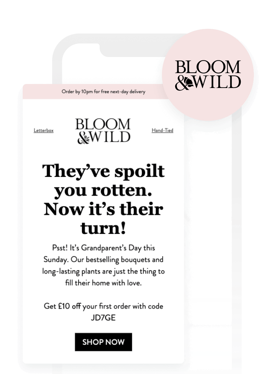 A mobile phone displaying a Bloom & Wild email promoting Grandparent's Day flowers with a discount.