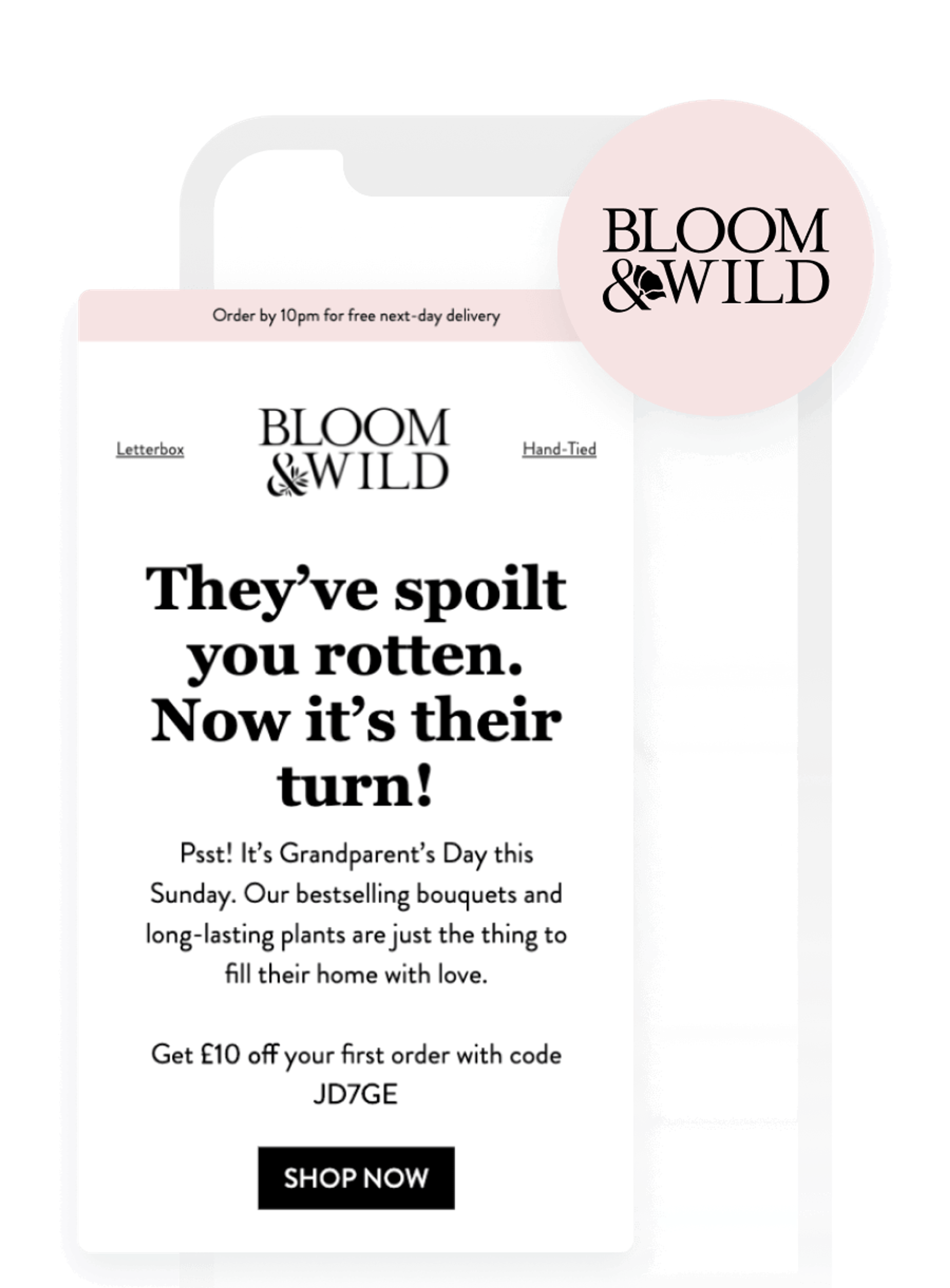 A mobile phone displaying a Bloom & Wild email promoting Grandparent's Day flowers with a discount.