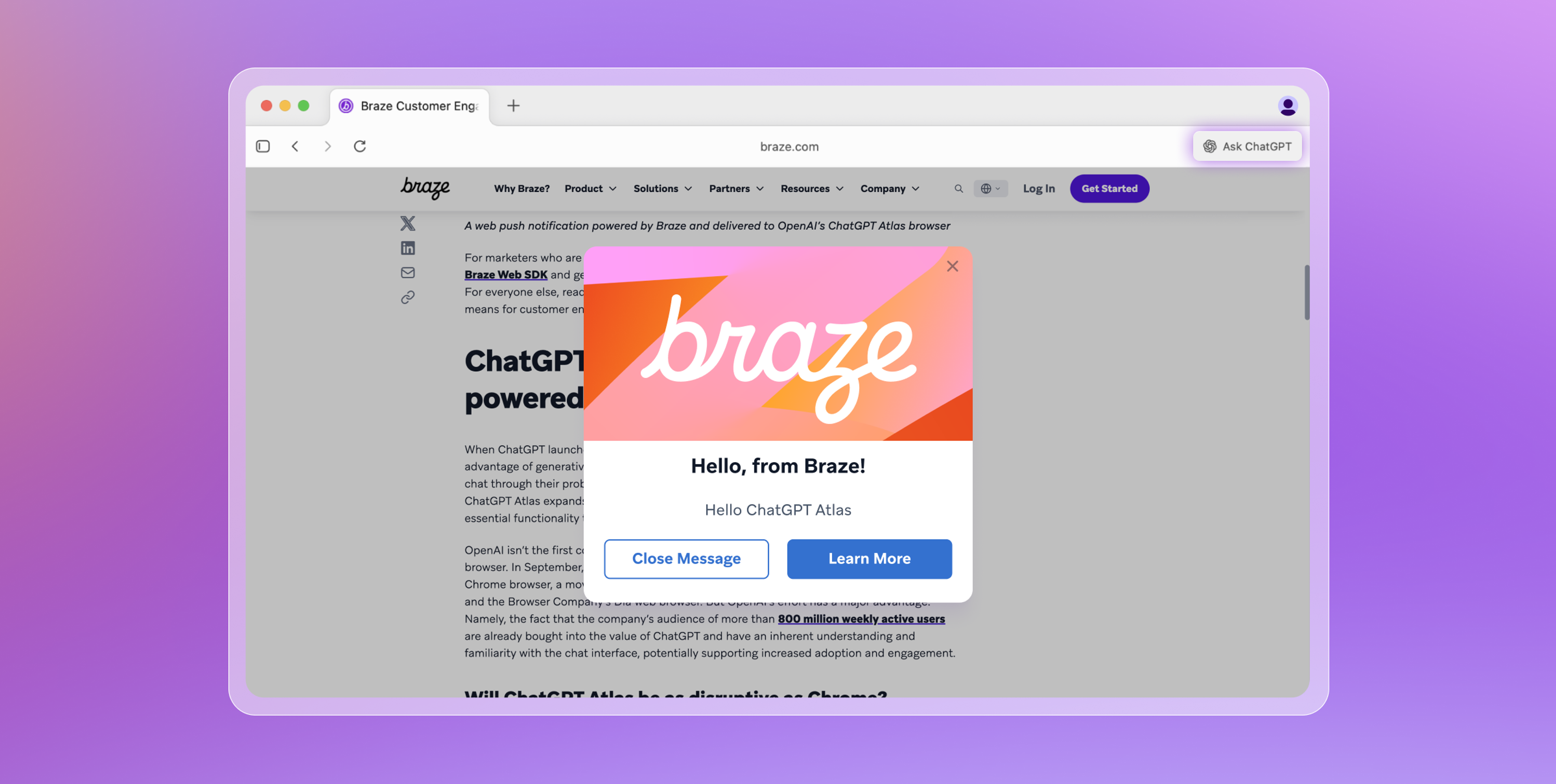 A web browser displays braze.com with a pop-up featuring the Braze logo and the text "Hello, from Braze! Hello ChatGPT Atlas."