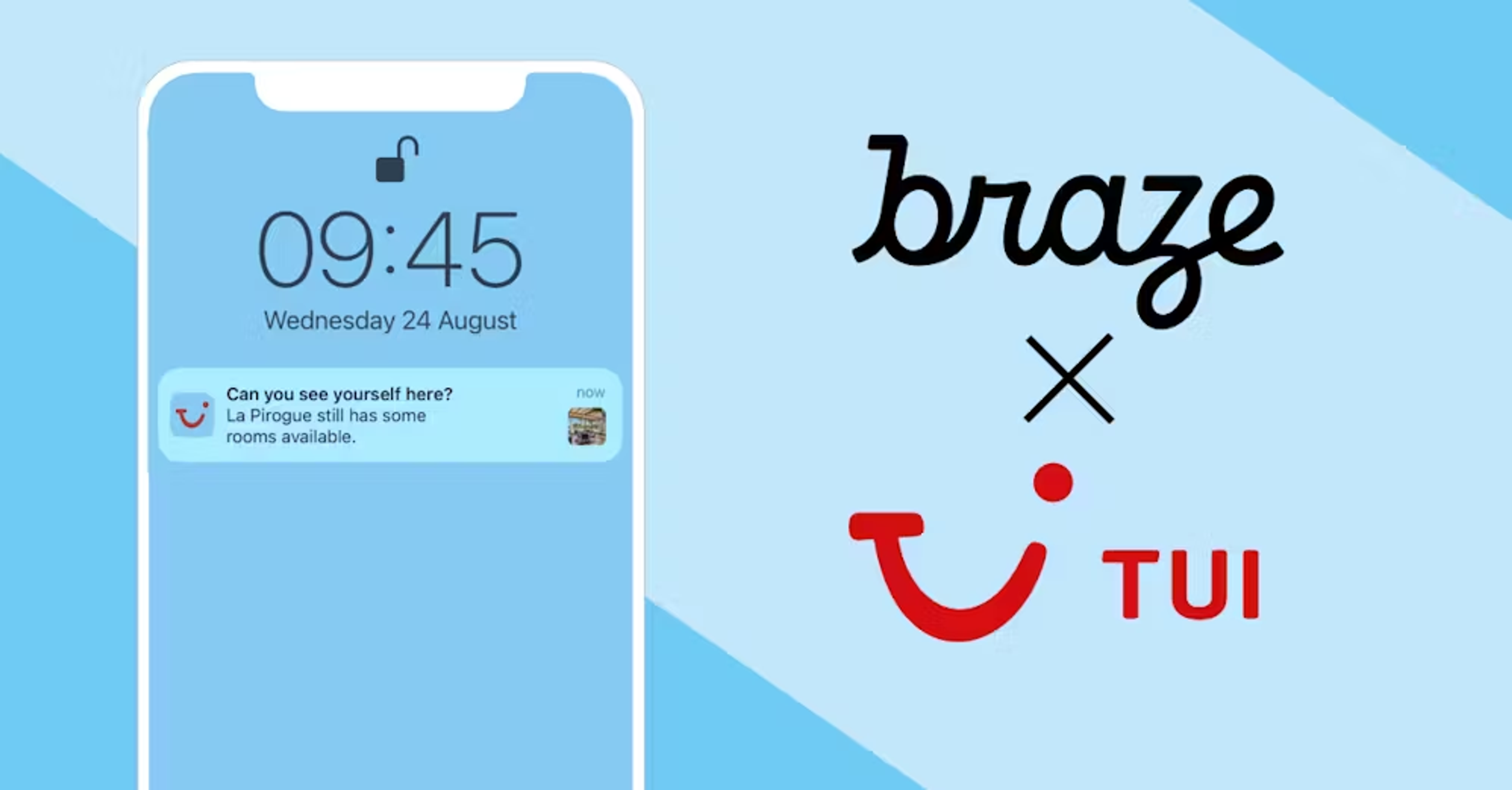 A smartphone screen displaying a notification that reads, "Can you see yourself here? La Pirogue still has some rooms available," alongside the logos for Braze and TUI.