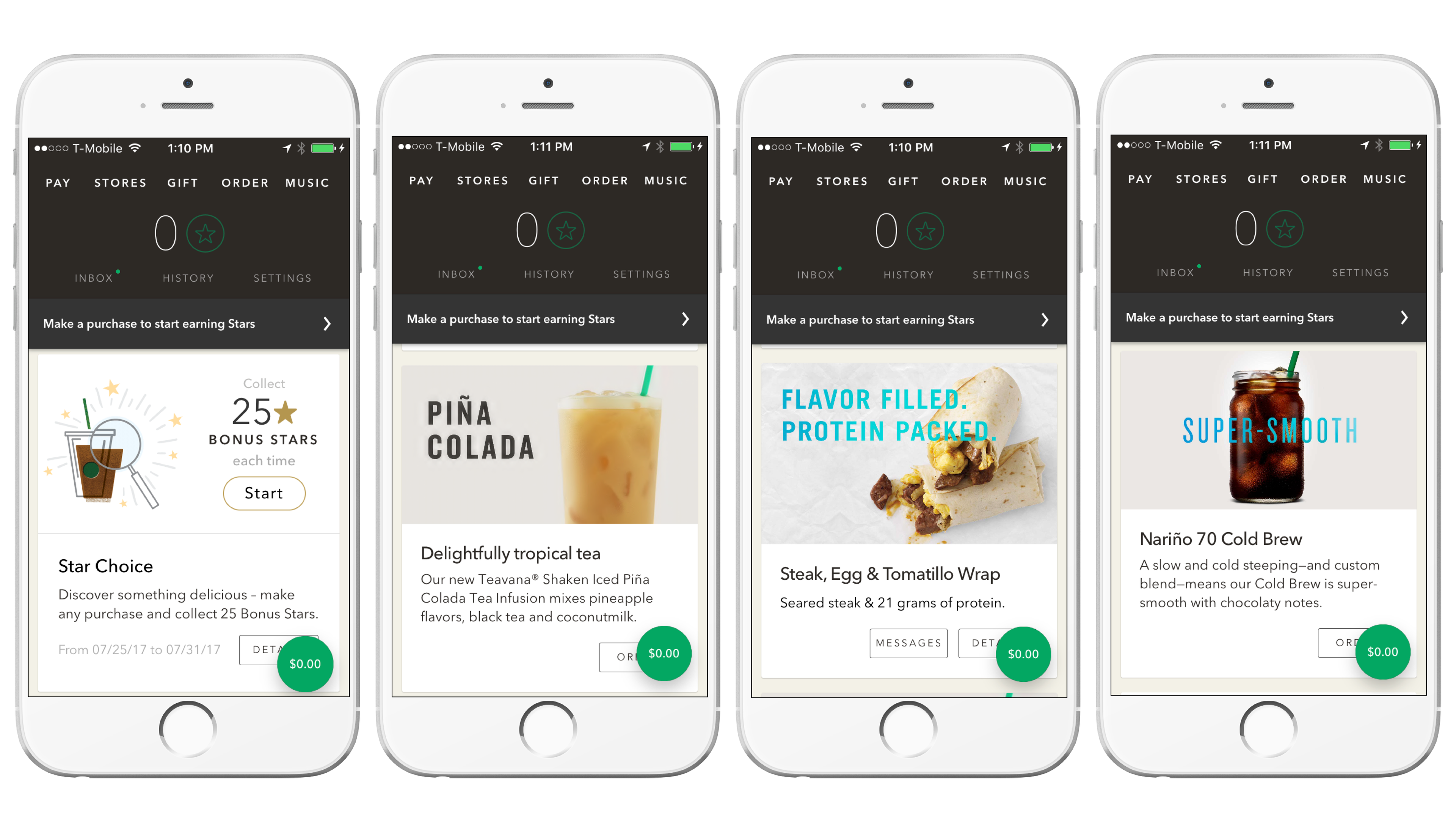Four smartphone screens displaying a mobile app interface for ordering drinks and food, featuring options like a Piña Colada, tropical tea, and a steak wrap, along with a bonus stars promotion.