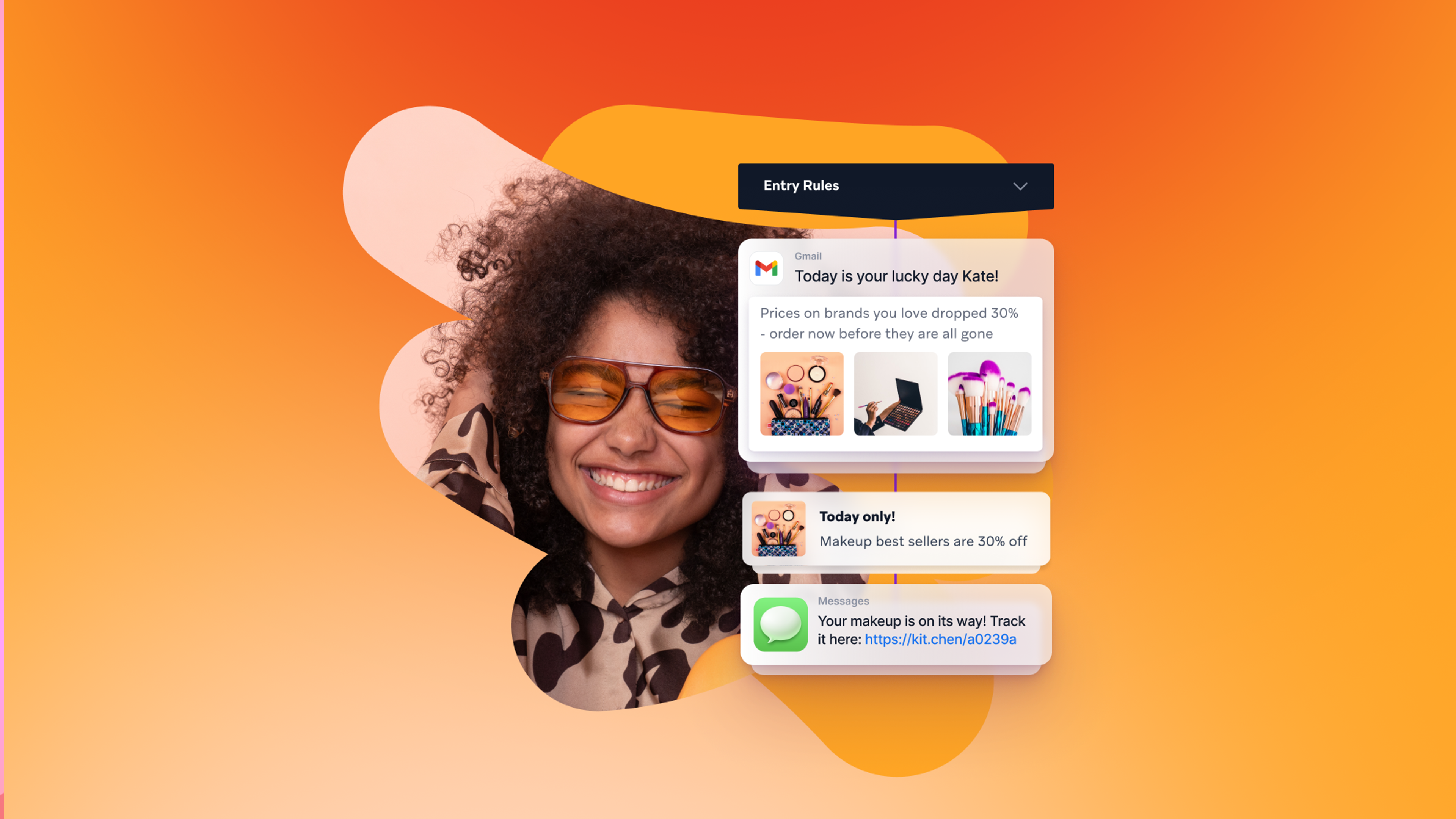 a woman wearing sunglasses is smiling in front of a screen that says entry rules