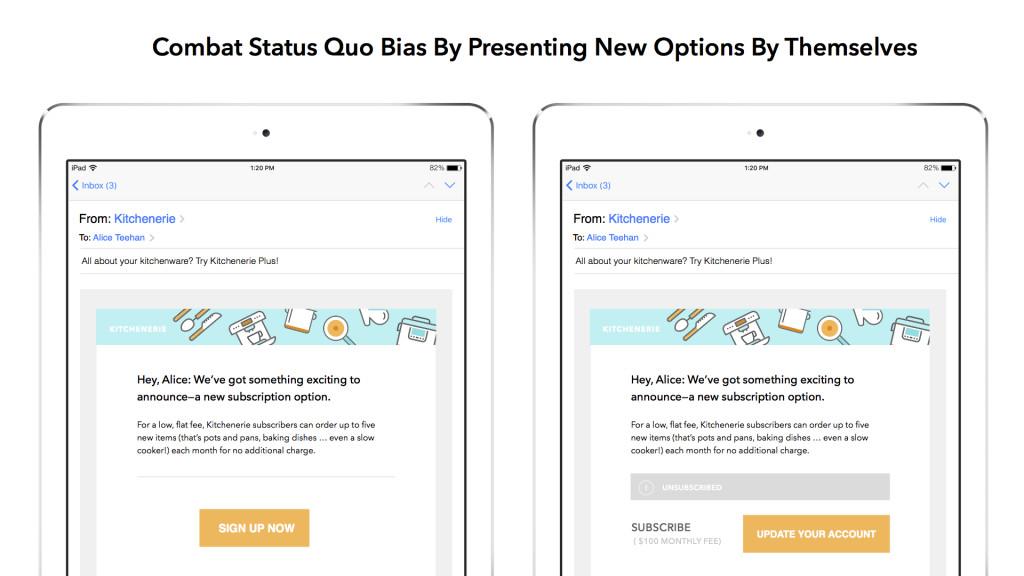 Email interface showing two messages from "Kitchennaire" with different calls to action: one to sign up and another to update an account. The text emphasizes presenting new options to combat bias.