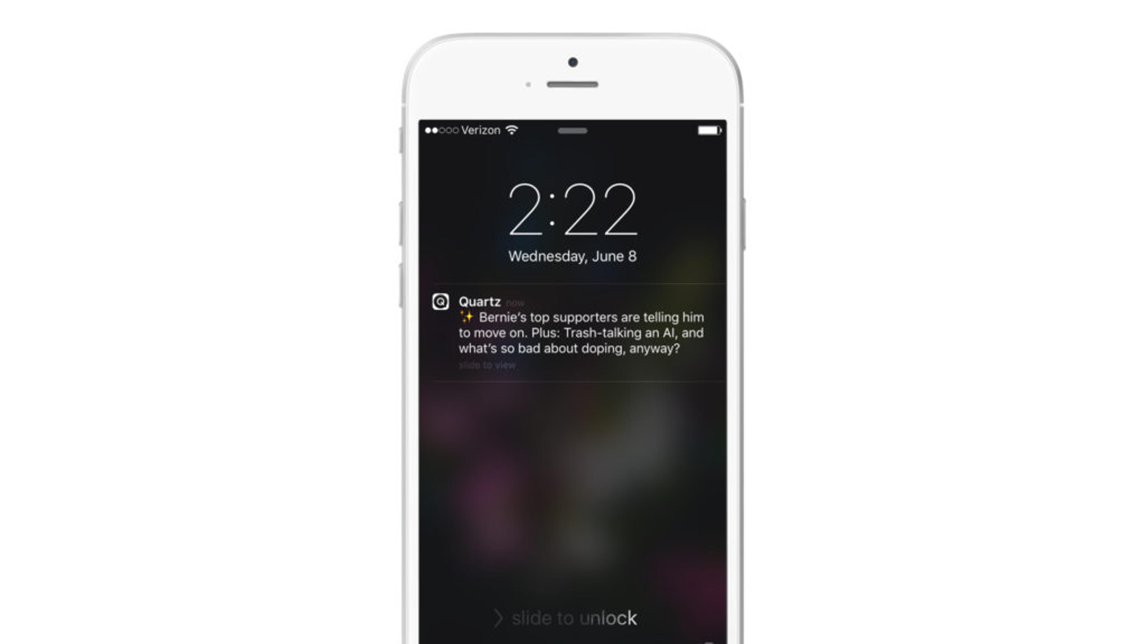 A smartphone displaying a notification from Quartz about Bernie Sanders and discussions on AI and doping. The time is 2:22 PM on June 8.