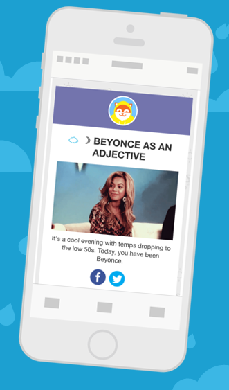 A smartphone displays an email titled "Beyonce as an Adjective" with an image of a woman with long hair. The email mentions cool evening temperatures in the low 50s.