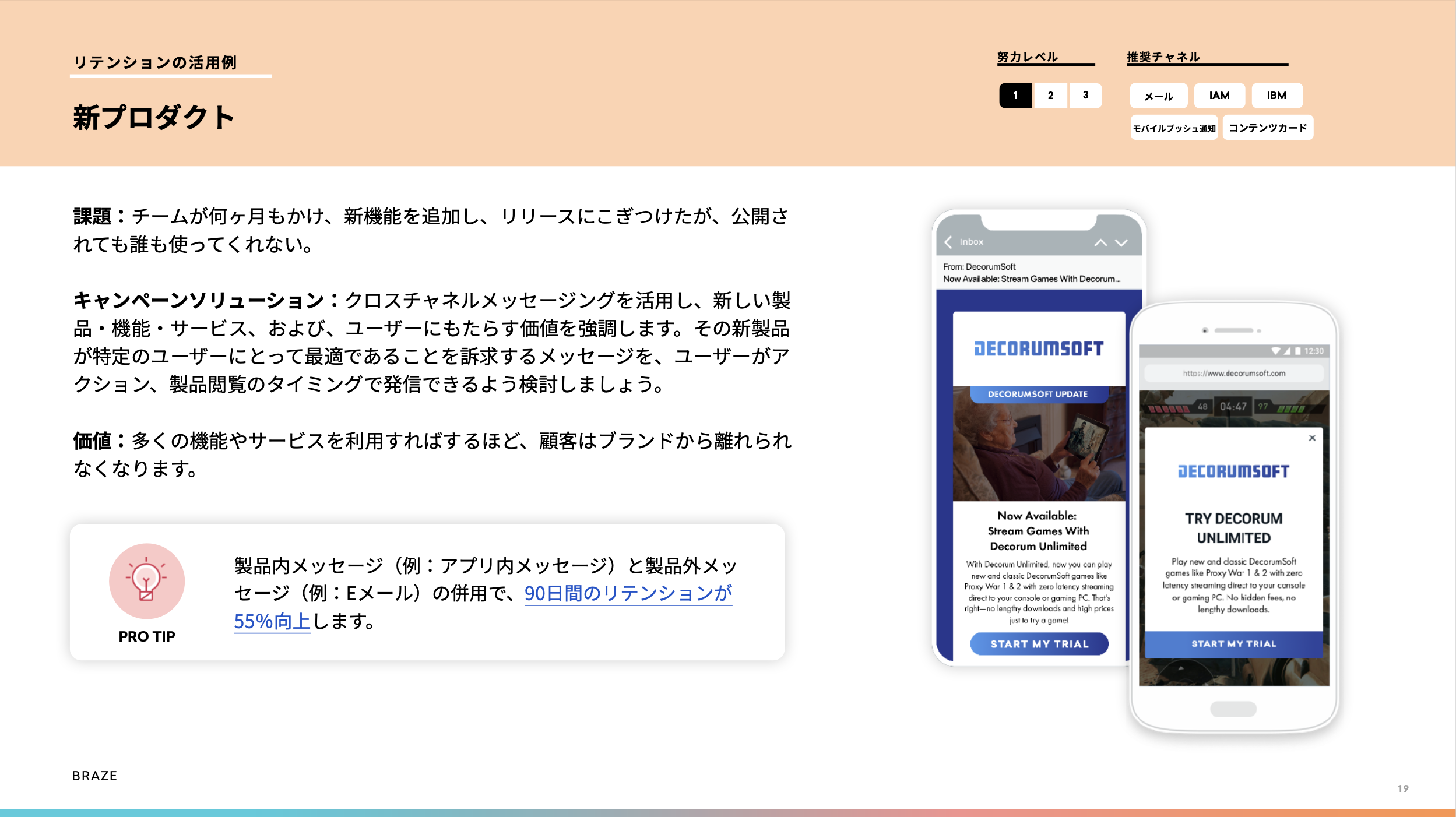 新しいプロダクトの紹介。キャンペーンソリューションとアプリ内メッセージの例が表示されています。