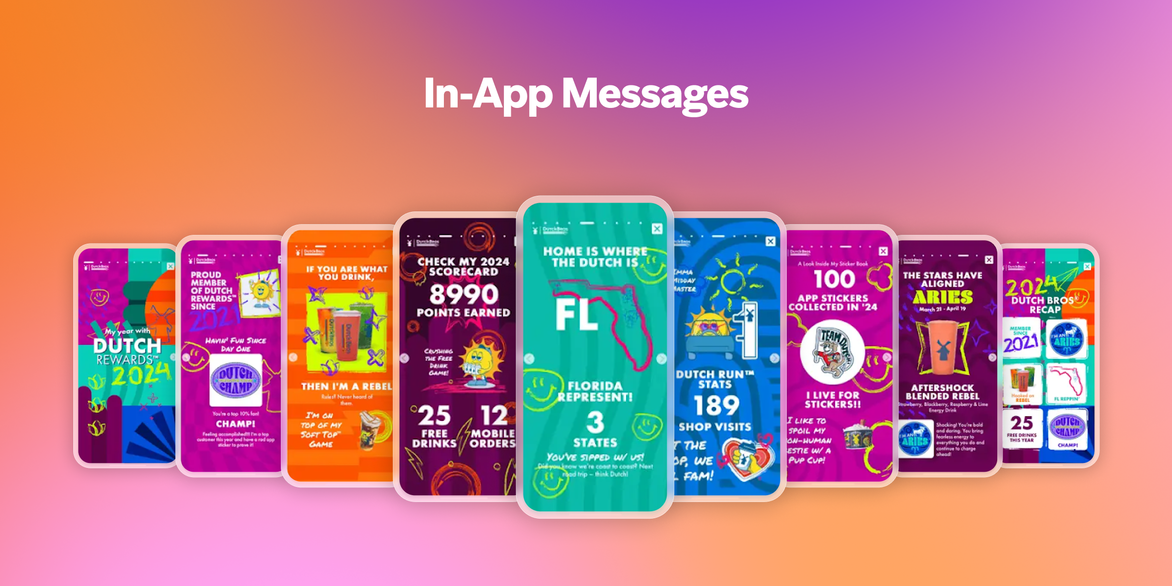 A lineup of smartphones displaying various colorful in-app messages for a loyalty program.