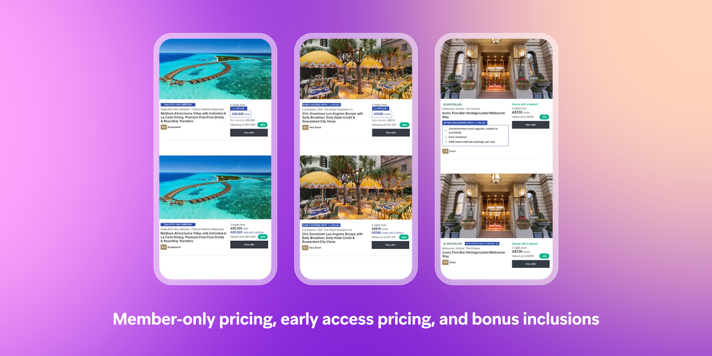 Three mobile screens displaying vacation package options with images of a beach resort and a hotel, highlighting member-only pricing and exclusive benefits.