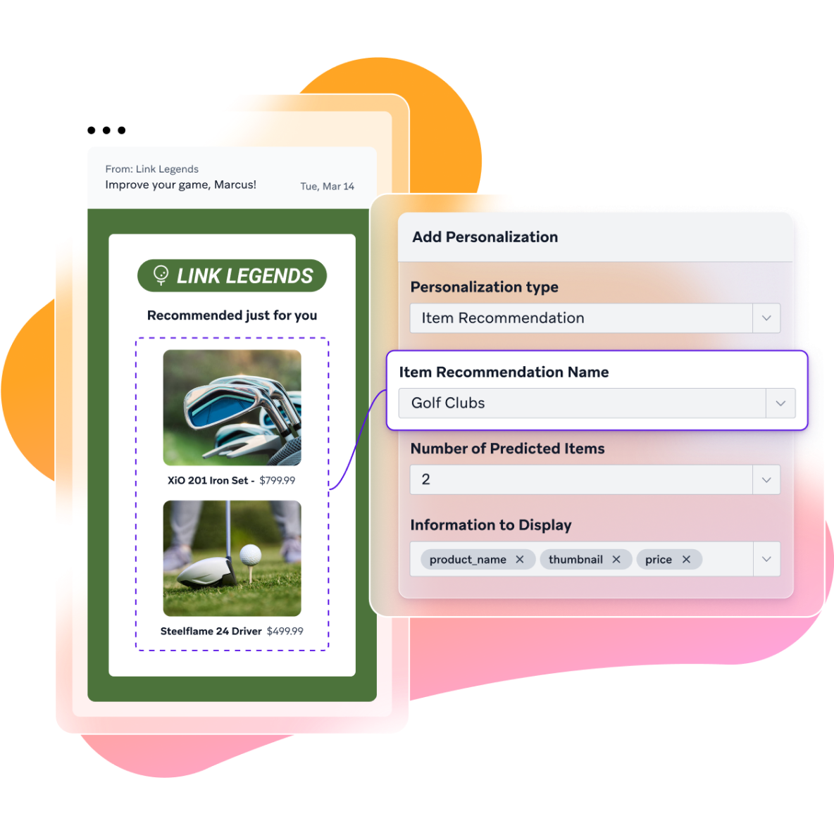 a screen showing a recommendation for golf clubs