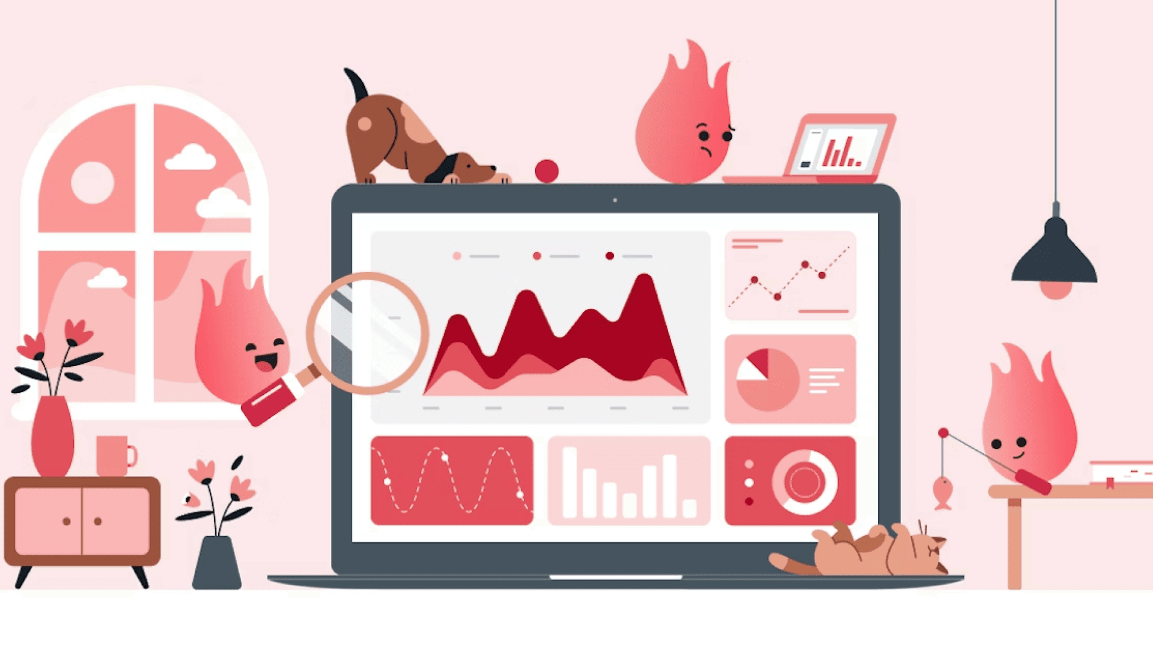 A cartoonish scene featuring a laptop displaying colorful graphs and charts, surrounded by playful flame characters and pets in a cozy room. The background includes a window with a view and decorative plants.