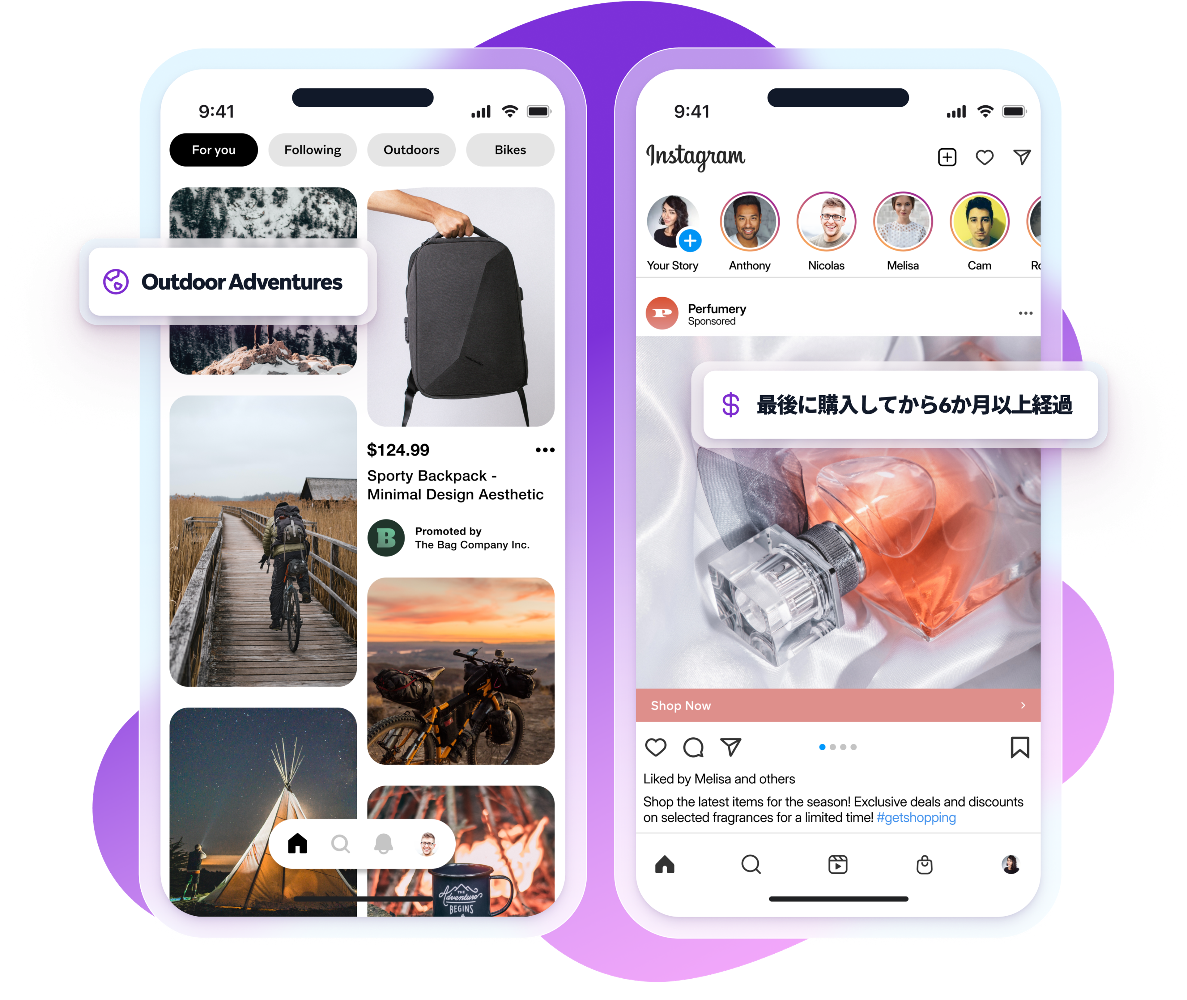 Two smartphone screens displaying social media apps with personalized content, ads, and shopping recommendations.
