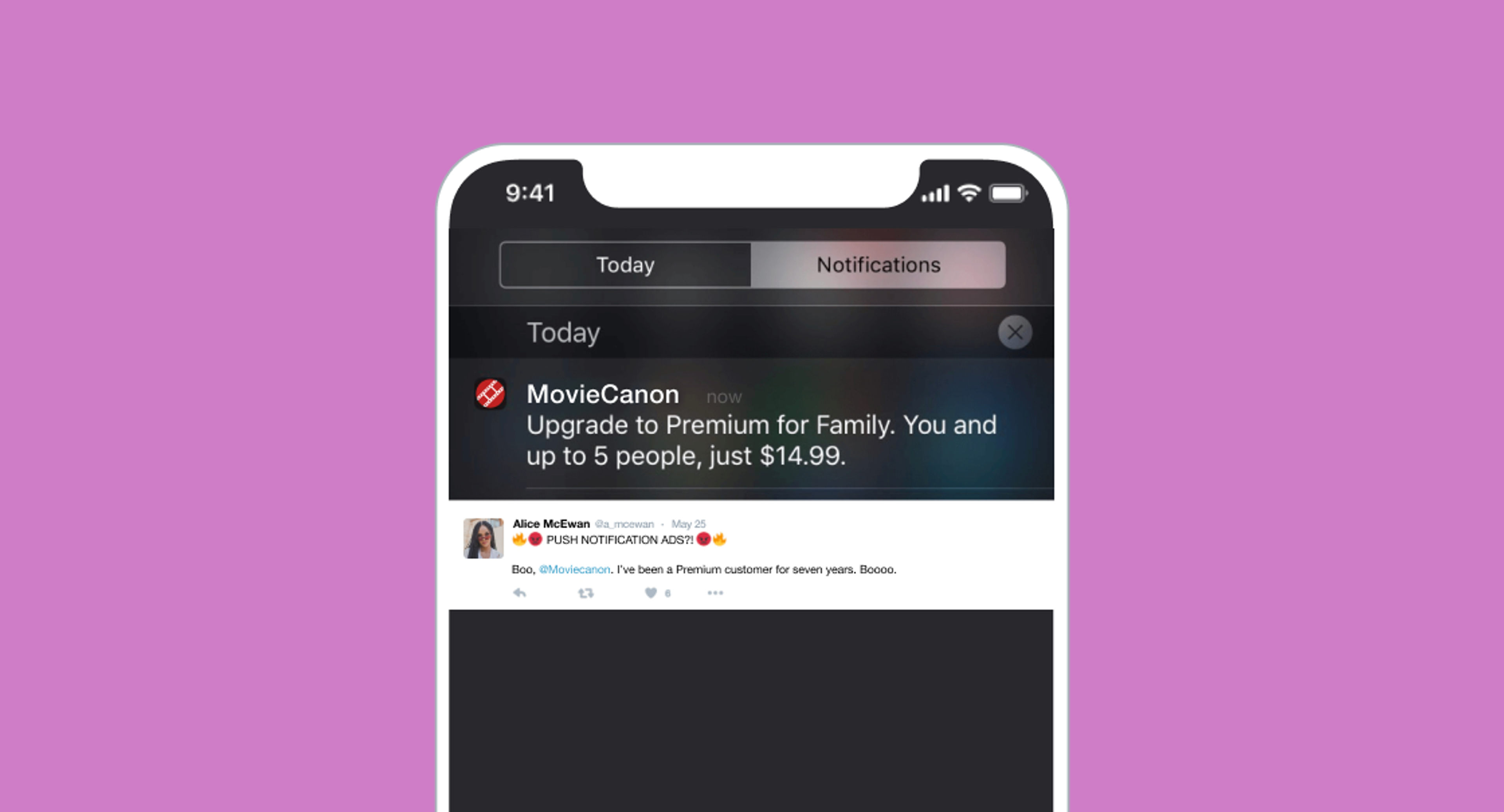 A smartphone screen displaying a notification from MovieCanon about upgrading to a Premium plan for $14.99, along with a tweet from a user named Alice McLean. The background is a solid purple color.