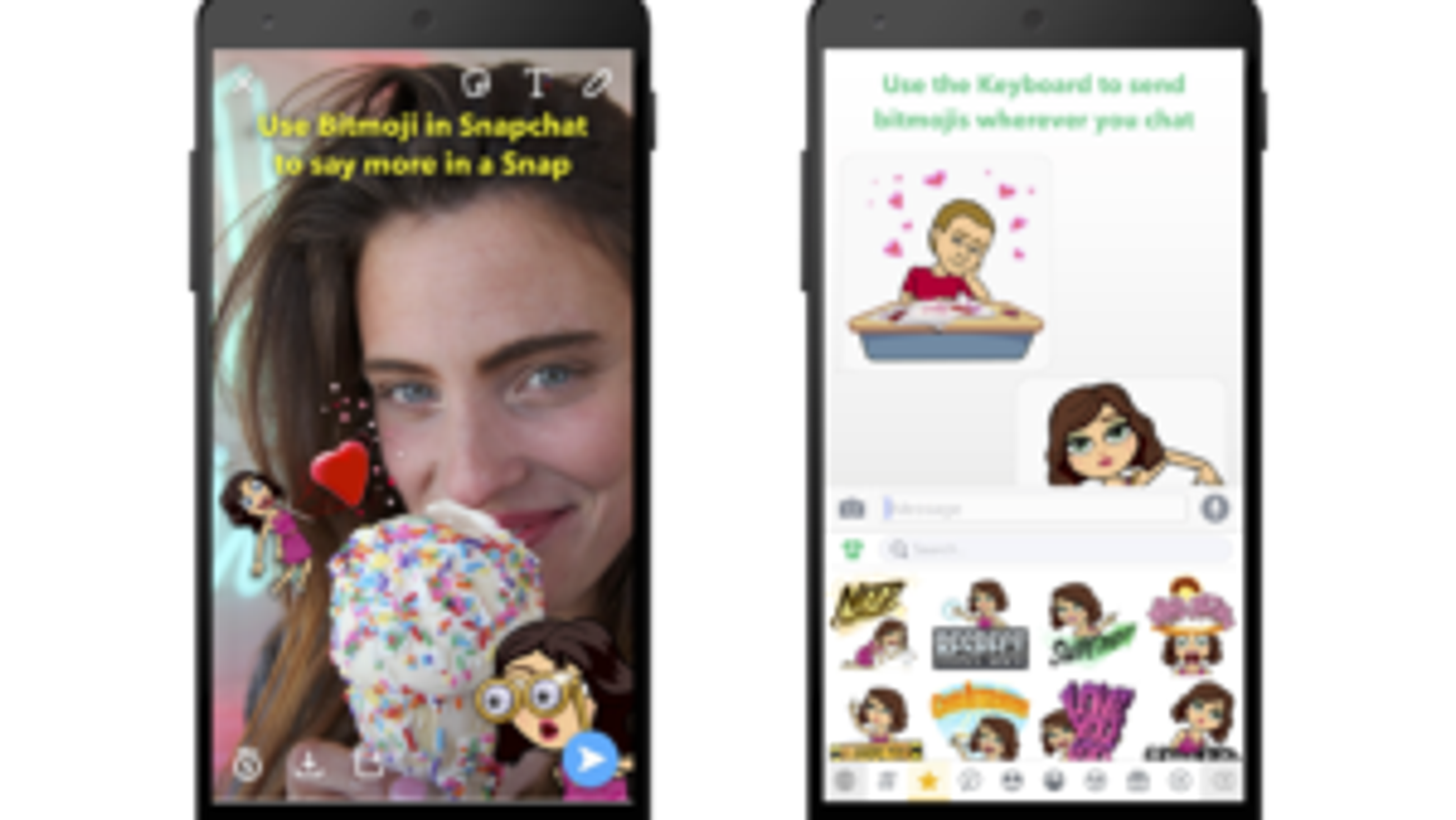 A woman smiles while holding a large ice cream cone with colorful sprinkles. The image showcases Snapchat features, including Bitmoji stickers for messaging.