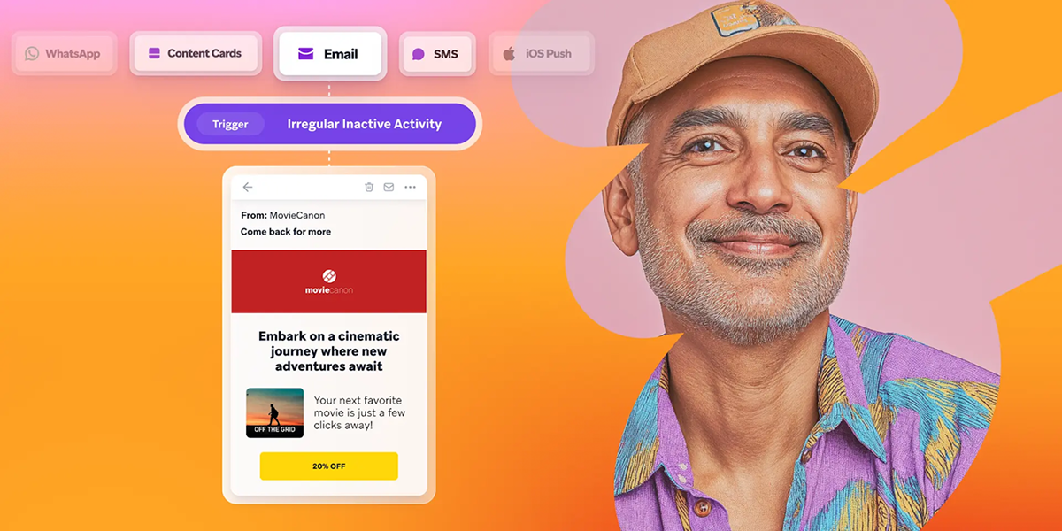 A smiling man next to an email automation workflow showing a promotional email for inactive users on a mobile screen.