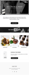 An email advertisement promoting a wine and food pairing service, featuring images of dishes like lamb shanks and flat iron steak, along with a call to action to schedule an order.