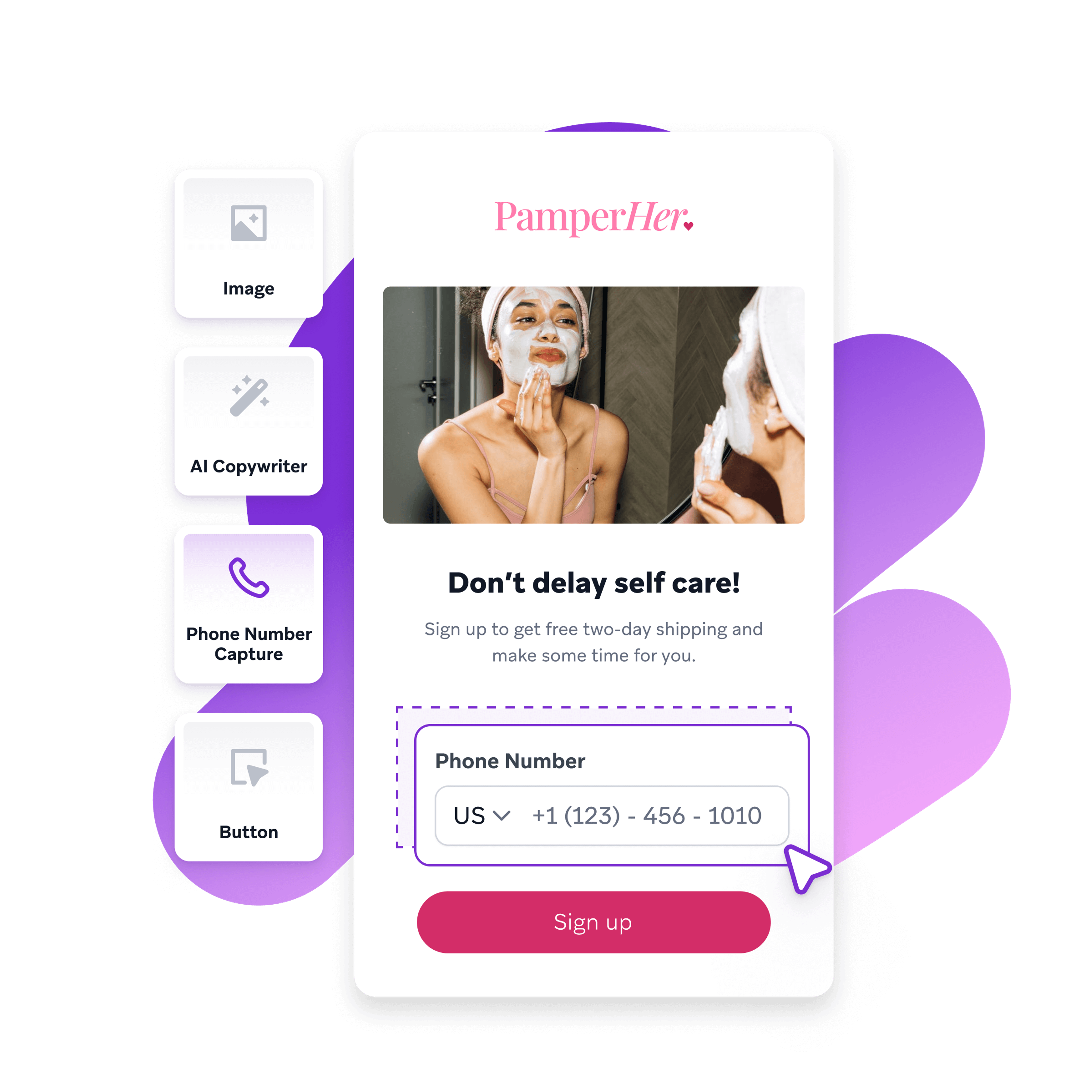 a sign up page for pamper her shows a woman with a mask on her face