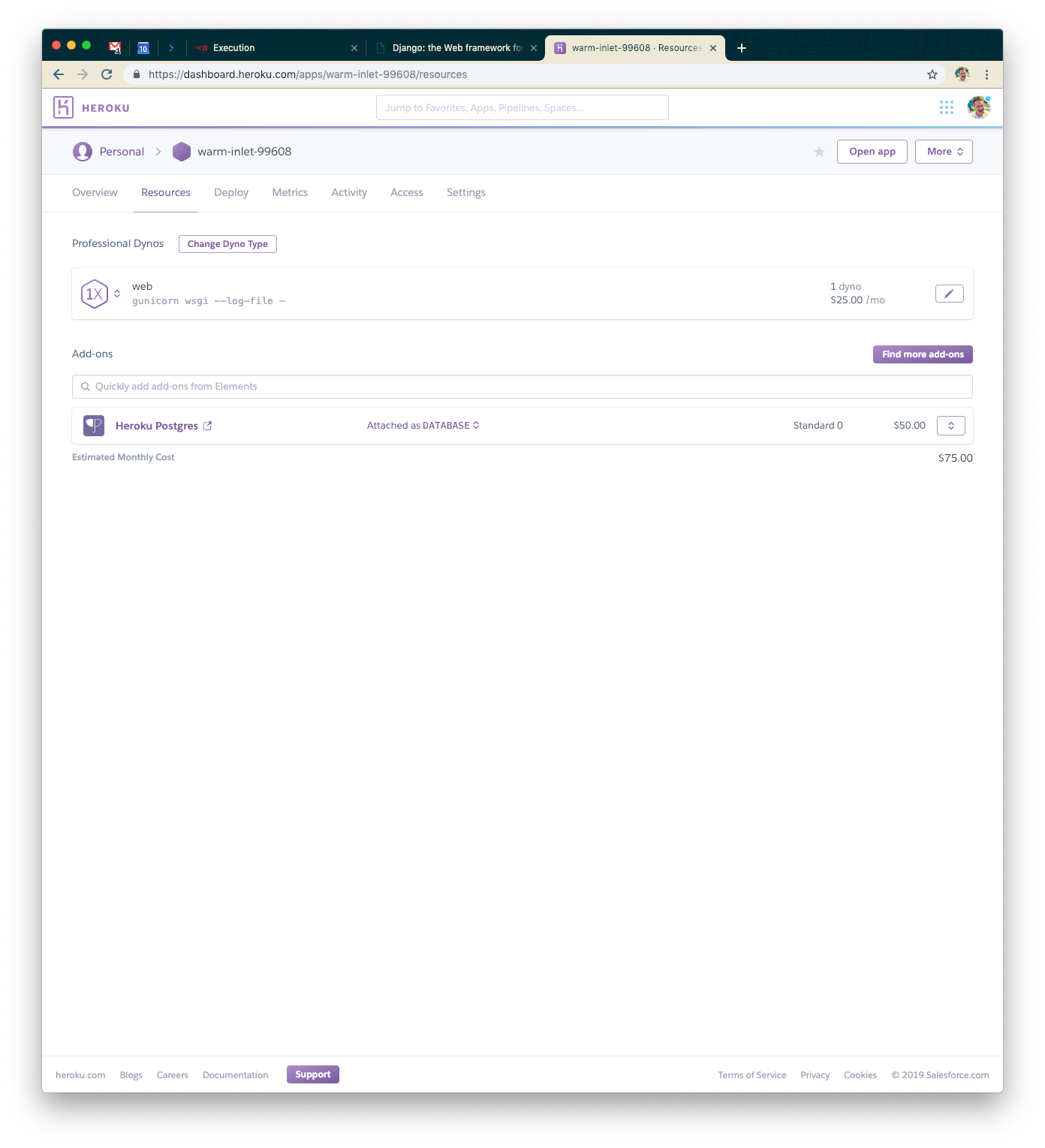 A web dashboard displaying personal resources, including an overview of dynos and add-ons. The estimated monthly cost is shown as $75.00.