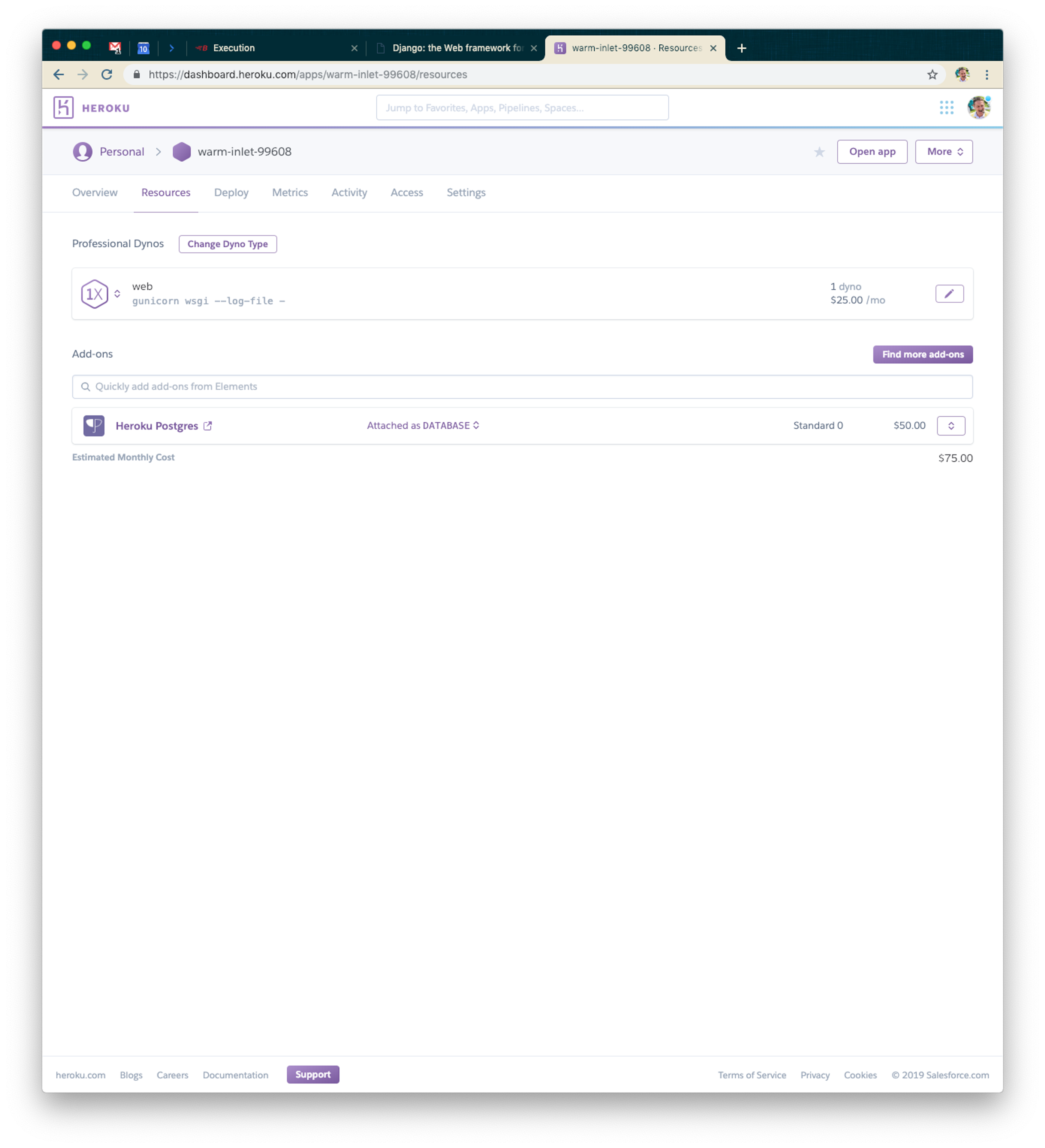 A web dashboard displaying personal resources, including an overview of dynos and add-ons. The estimated monthly cost is shown as $75.00.