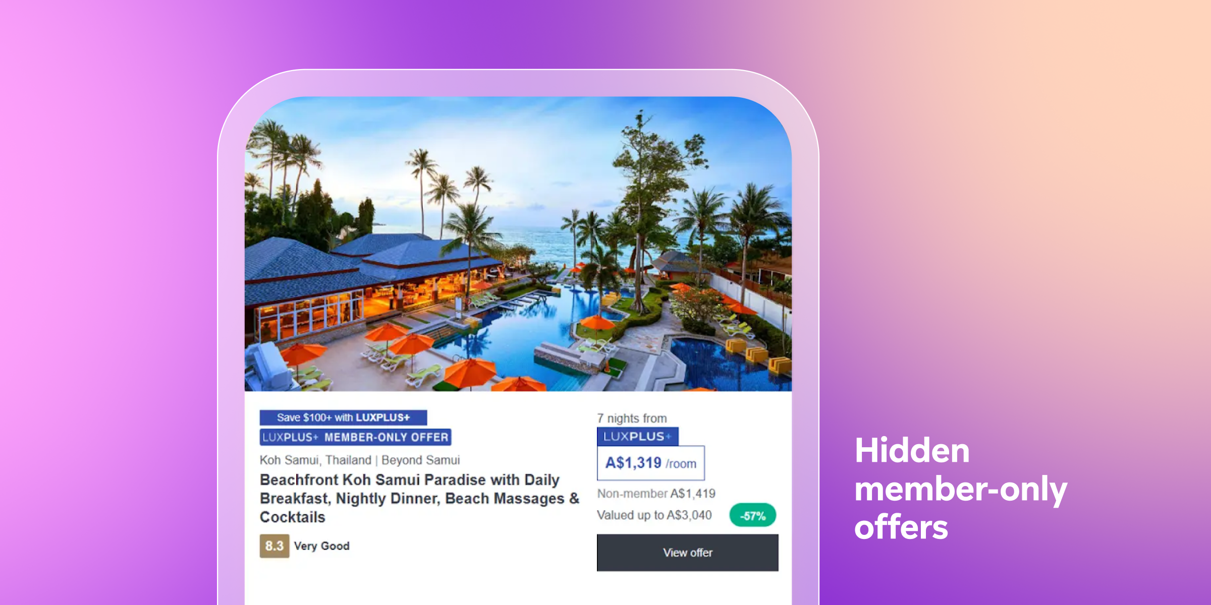 A beachfront resort in Koh Samui, Thailand, featuring colorful lounge chairs and palm trees, with a promotional offer displayed on the side. The image highlights a vacation package including breakfast and massages.