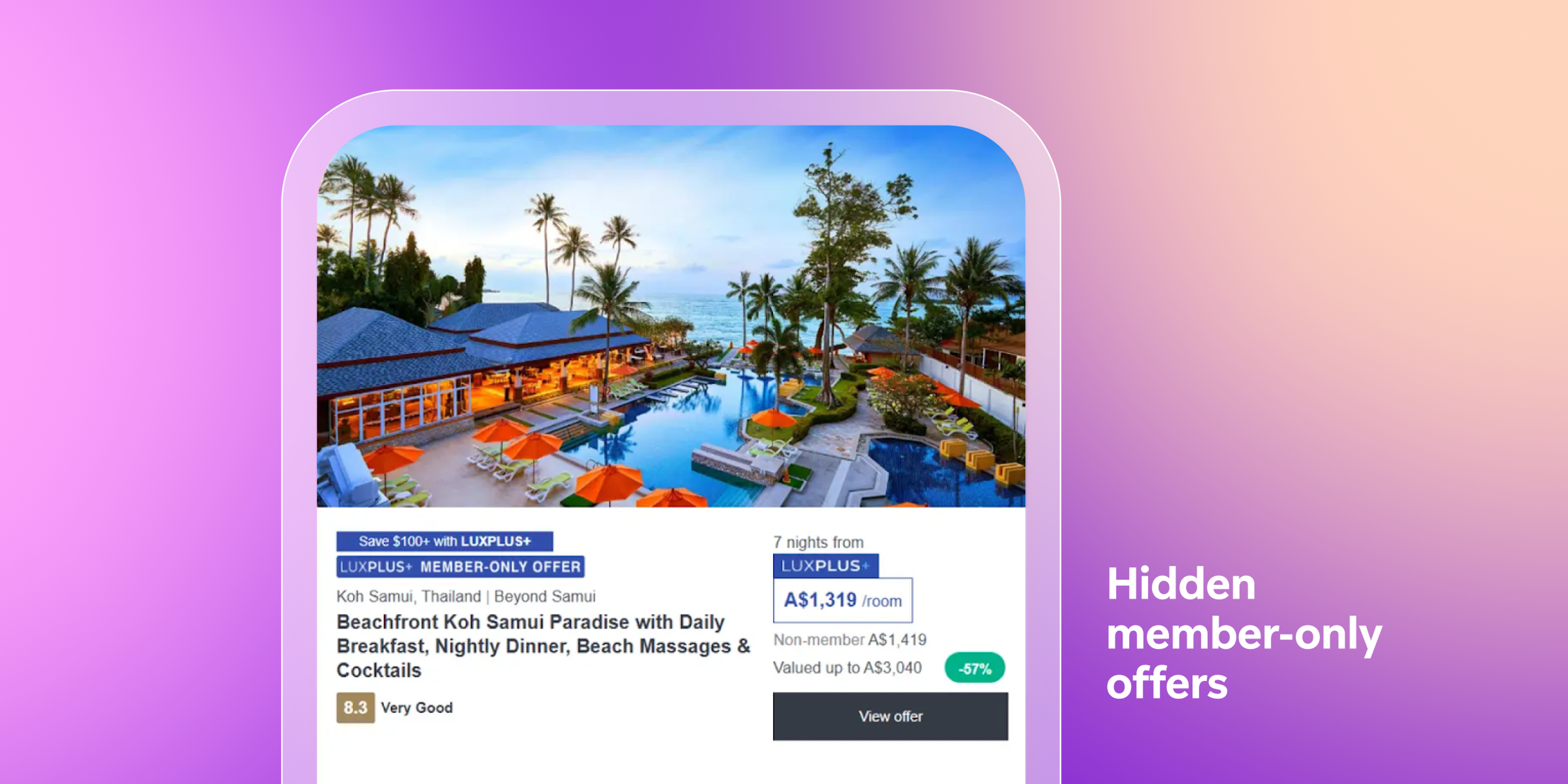 A beachfront resort in Koh Samui, Thailand, featuring colorful lounge chairs and palm trees, with a promotional offer displayed on the side. The image highlights a vacation package including breakfast and massages.
