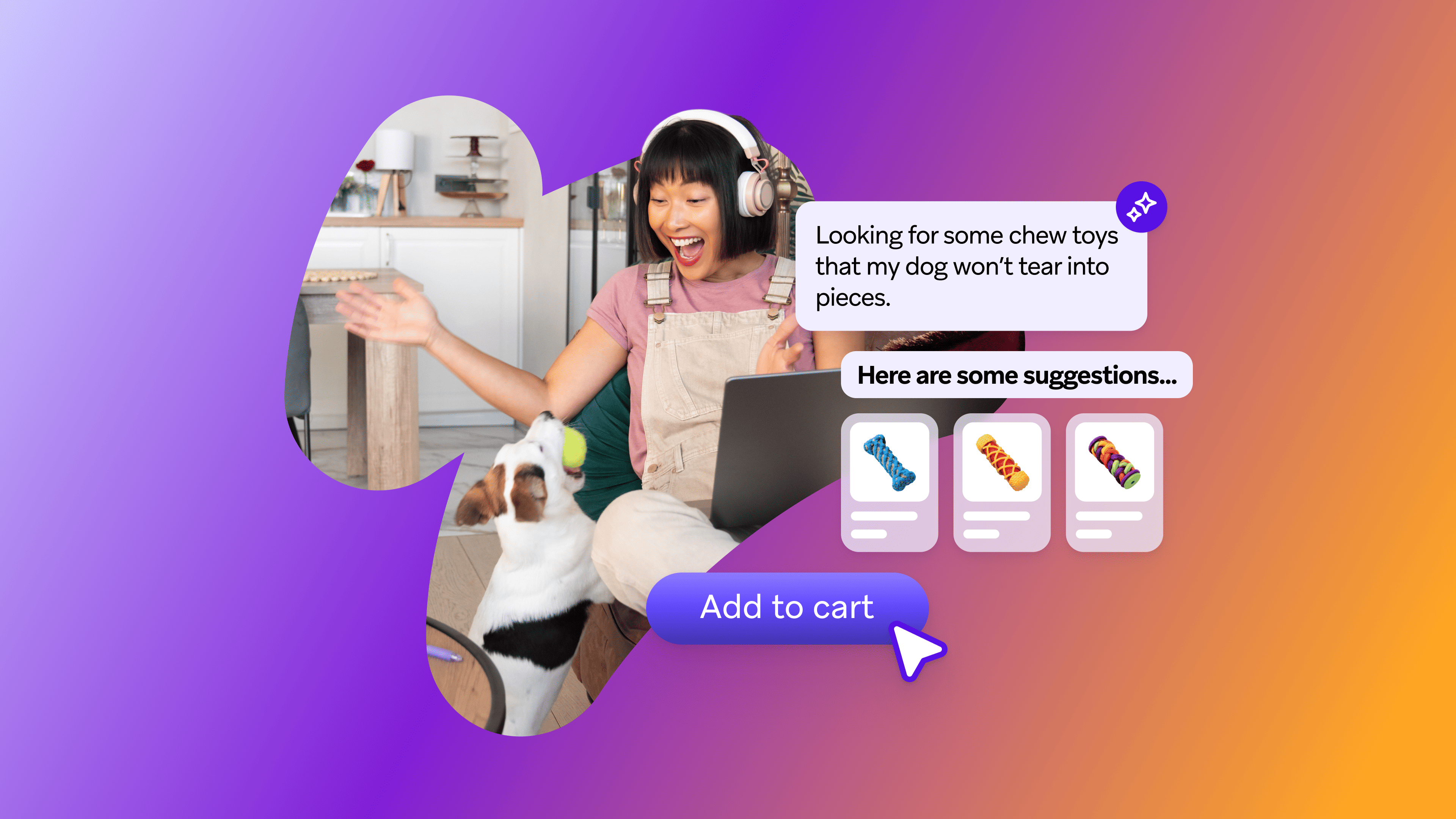 A woman with her dog shops online for durable chew toys, viewing AI suggestions and an 'Add to cart' button.