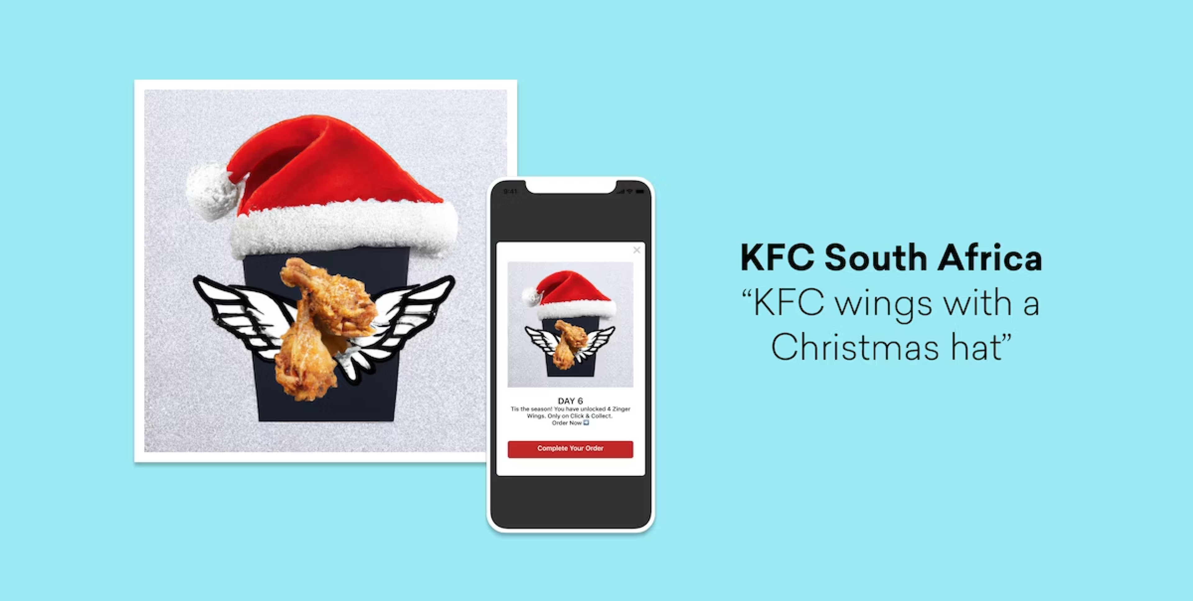 クリスマス帽をかぶったKFCのウィングが描かれた画像。スマートフォンの画面には、KFCのプロモーション情報が表示されています。