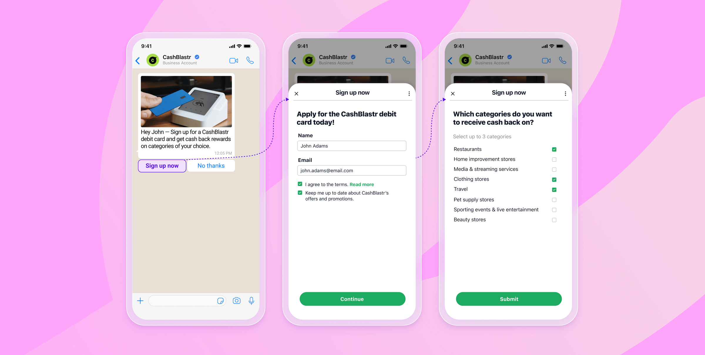 three screenshots of a messaging app that says apply for the cashbuster debit card today