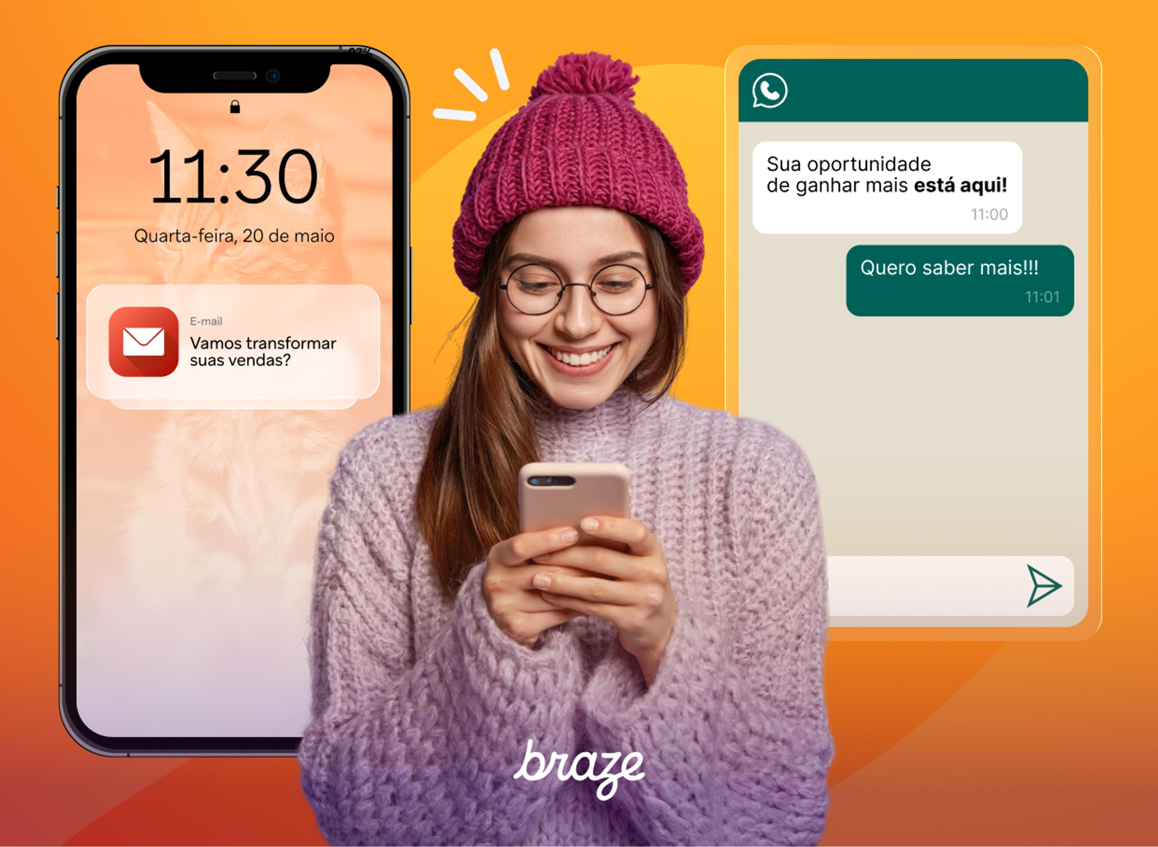 Mulher sorridente usa o celular diante de uma notificação por e-mail e de uma conversa no WhatsApp sobre oportunidades de vendas.