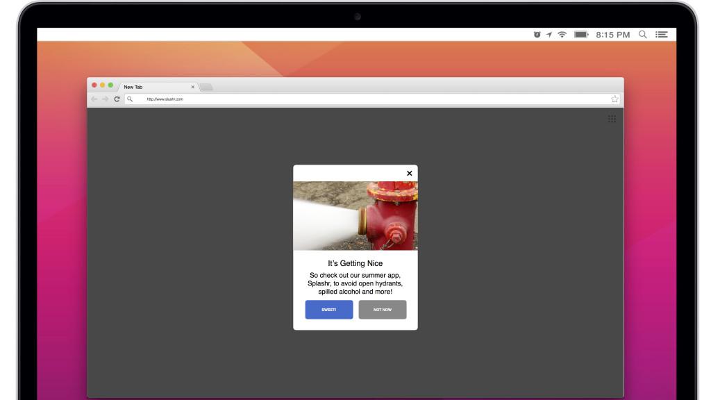 A pop-up message on a web browser invites users to check out a summer app, featuring a fire hydrant image. The options "Select" and "Not Now" are available.