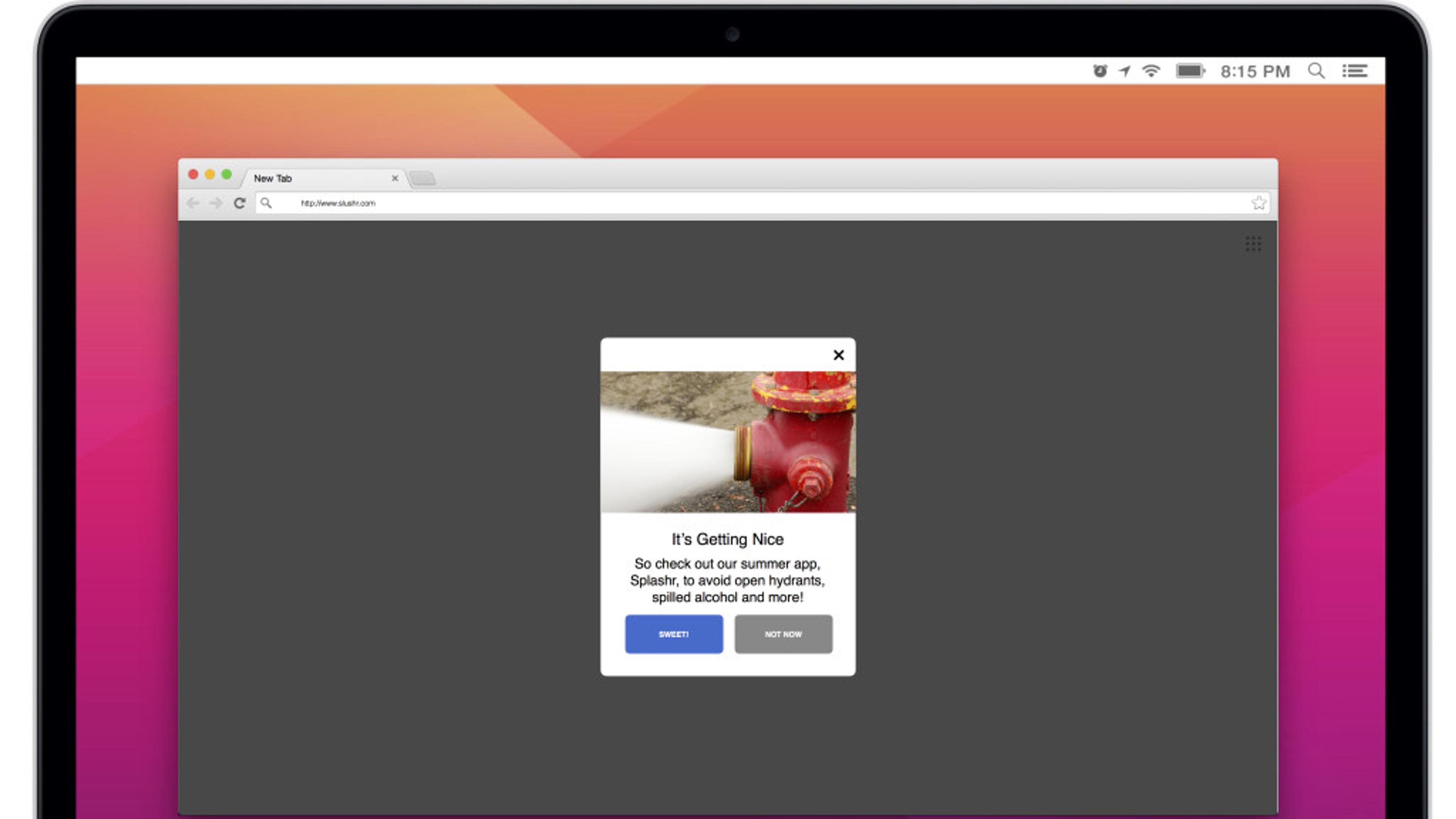 A pop-up message on a web browser invites users to check out a summer app, featuring a fire hydrant image. The options "Select" and "Not Now" are available.