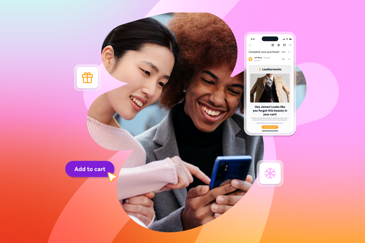 a man and a woman are looking at a cell phone with an add to cart button