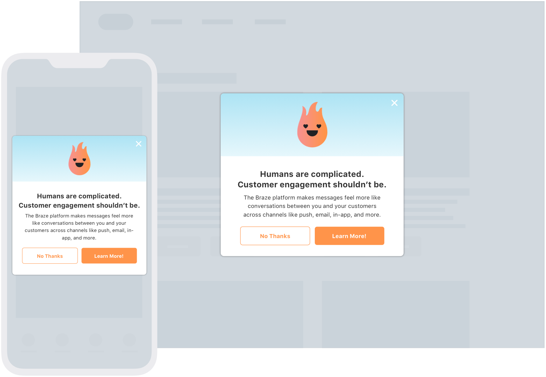 A mobile device displays a pop-up message about customer engagement, featuring a flame icon and options to decline or learn more. The background is a blurred webpage.