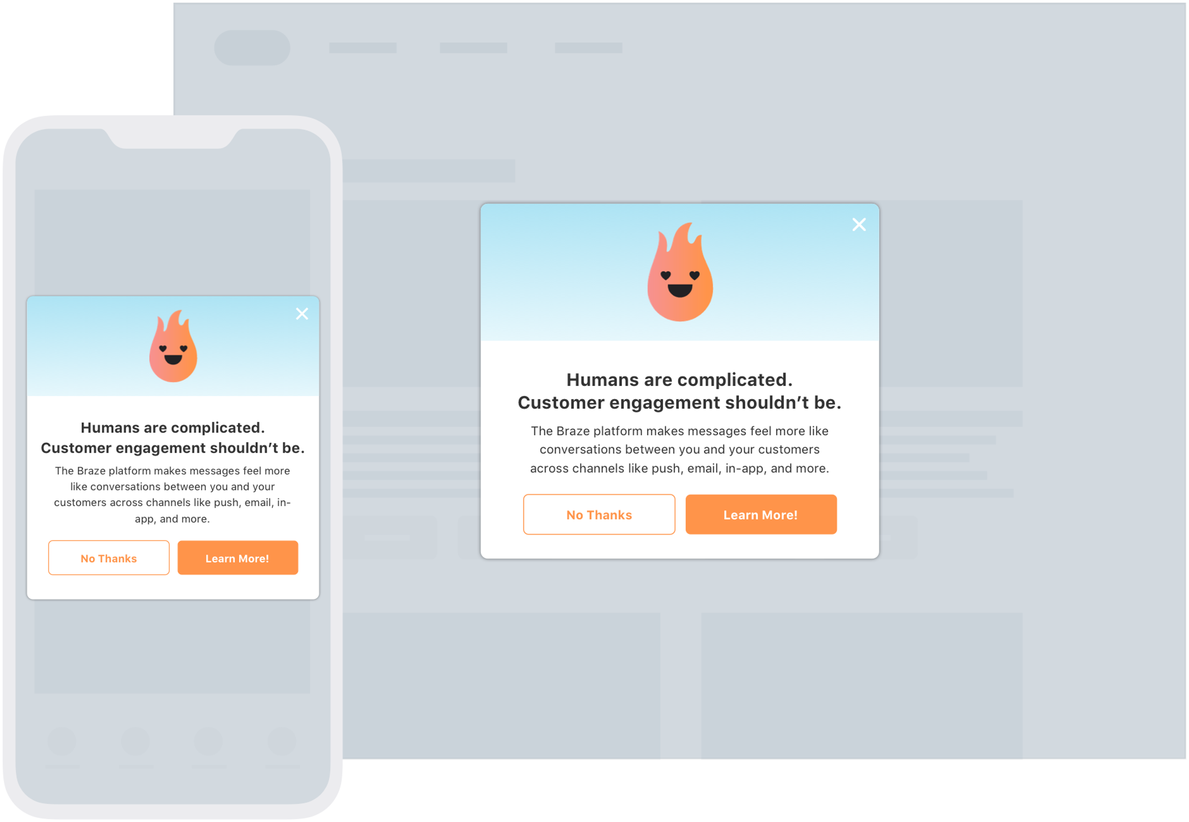 A mobile device displays a pop-up message about customer engagement, featuring a flame icon and options to decline or learn more. The background is a blurred webpage.