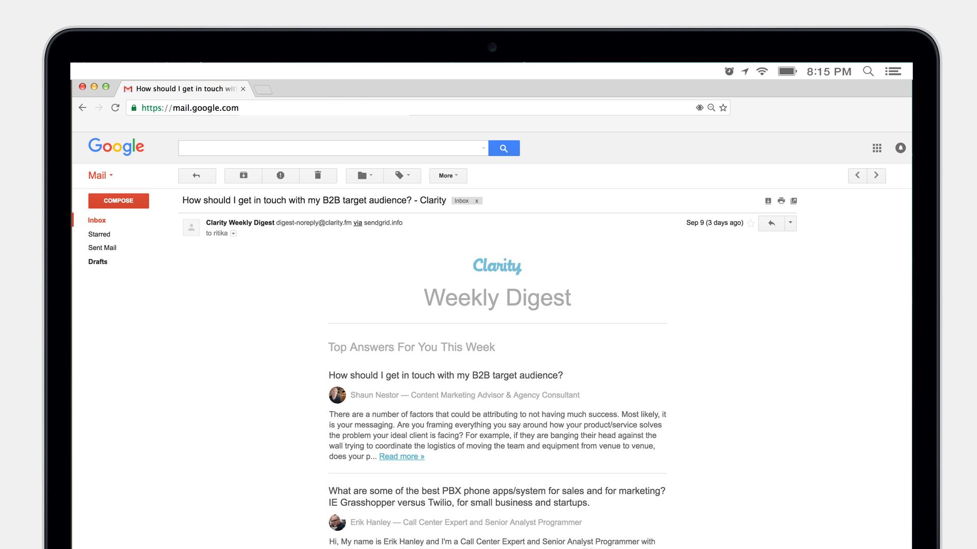 A laptop screen displaying an email draft titled "How should I get in touch with my B2B target audience?" with a Google search bar and a Clarity Weekly Digest header. The time in the corner shows 8:15 PM.