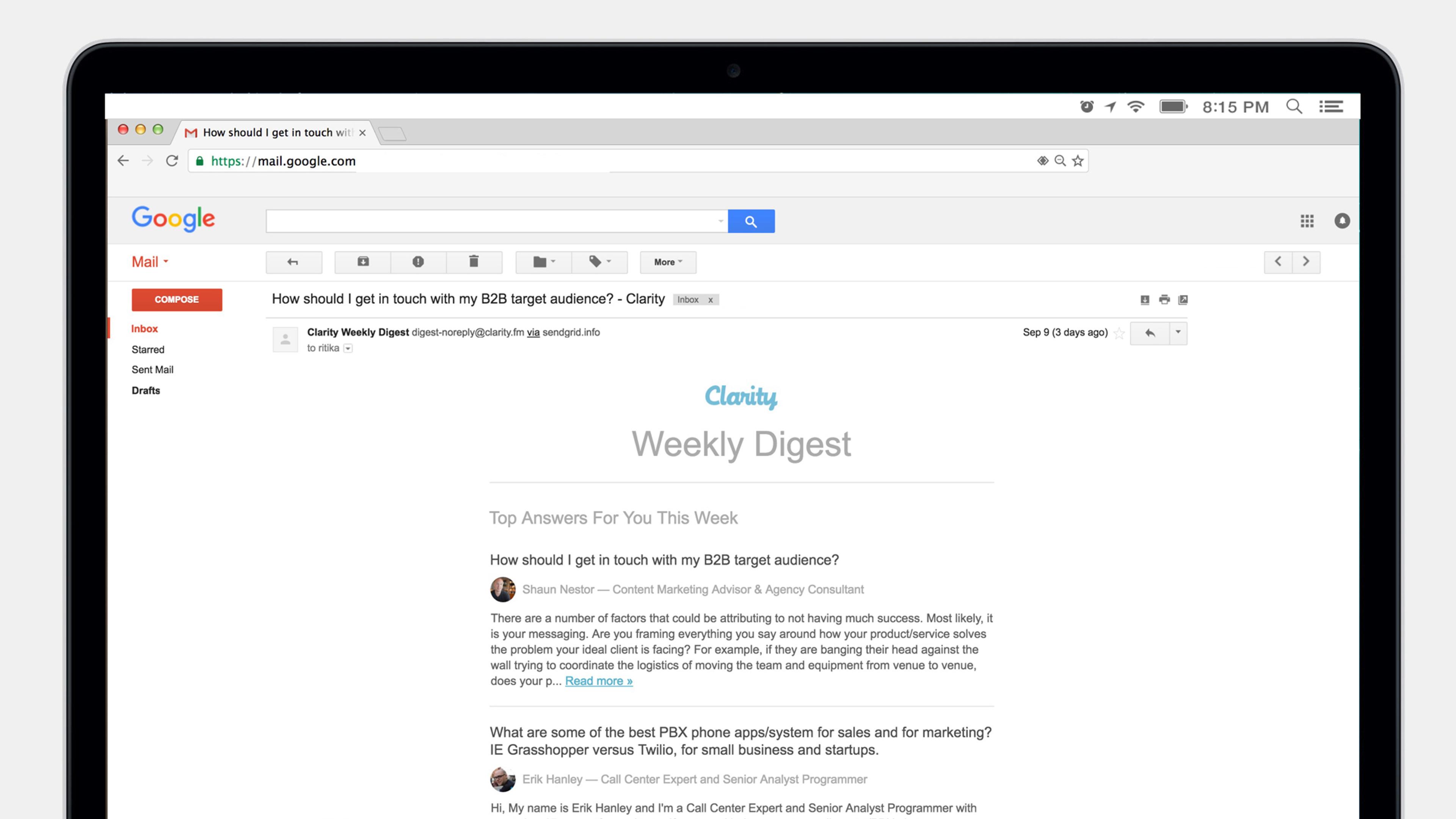 A laptop screen displaying an email draft titled "How should I get in touch with my B2B target audience?" with a Google search bar and a Clarity Weekly Digest header. The time in the corner shows 8:15 PM.