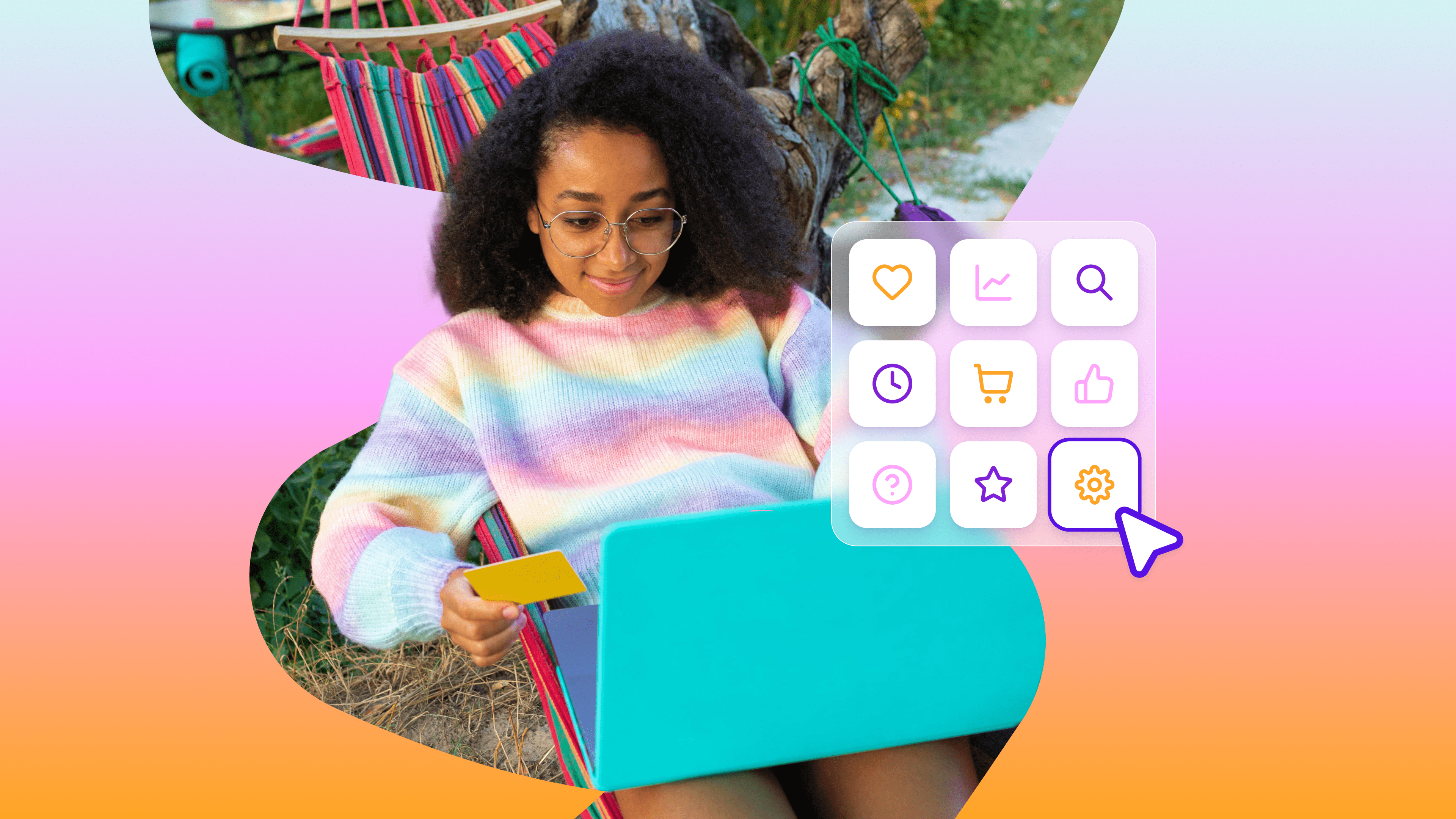 Woman in a hammock uses a laptop and holds a credit card, with a digital app menu and cursor overlay.