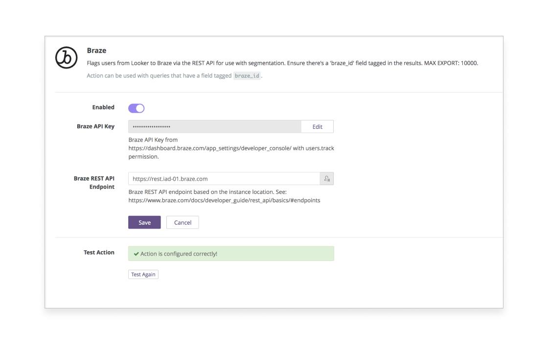 A user interface displaying settings for the Braze API, including fields for the Braze API Key and REST API Endpoint, with options to edit and save changes. A confirmation message indicates that the action is configured correctly.