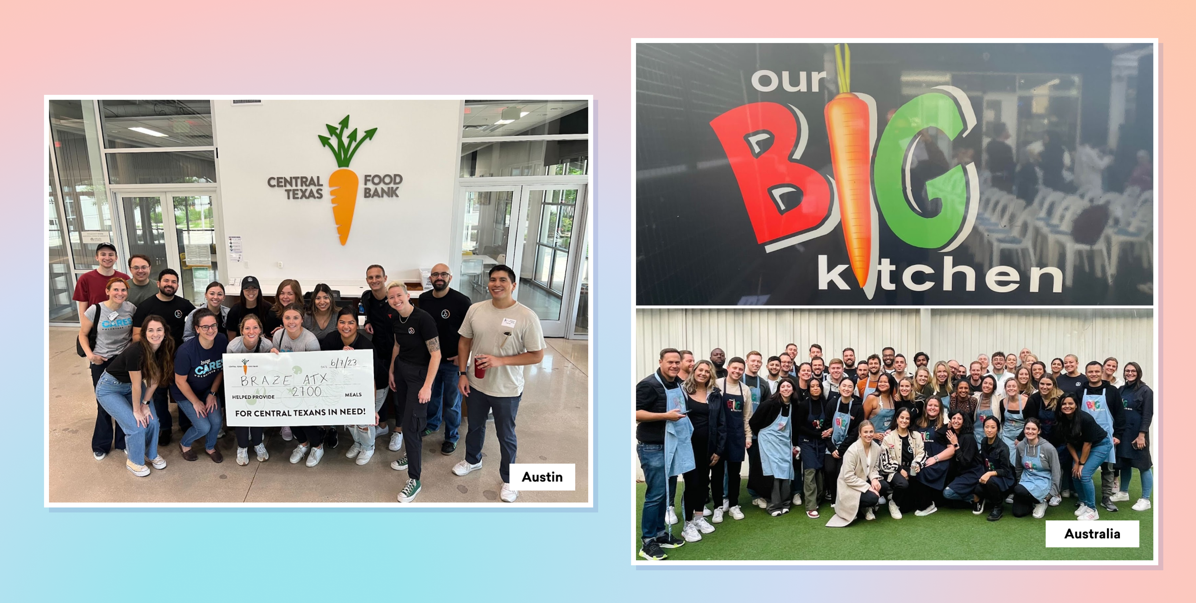A group of people poses with a sign at the Central Texas Food Bank in Austin, while another group stands together at Our Big Kitchen in Australia. Both images highlight community involvement and teamwork.