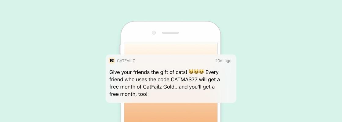 A mobile notification from CatFalz promoting a referral code for a free month of service. The message encourages users to share the code with friends.