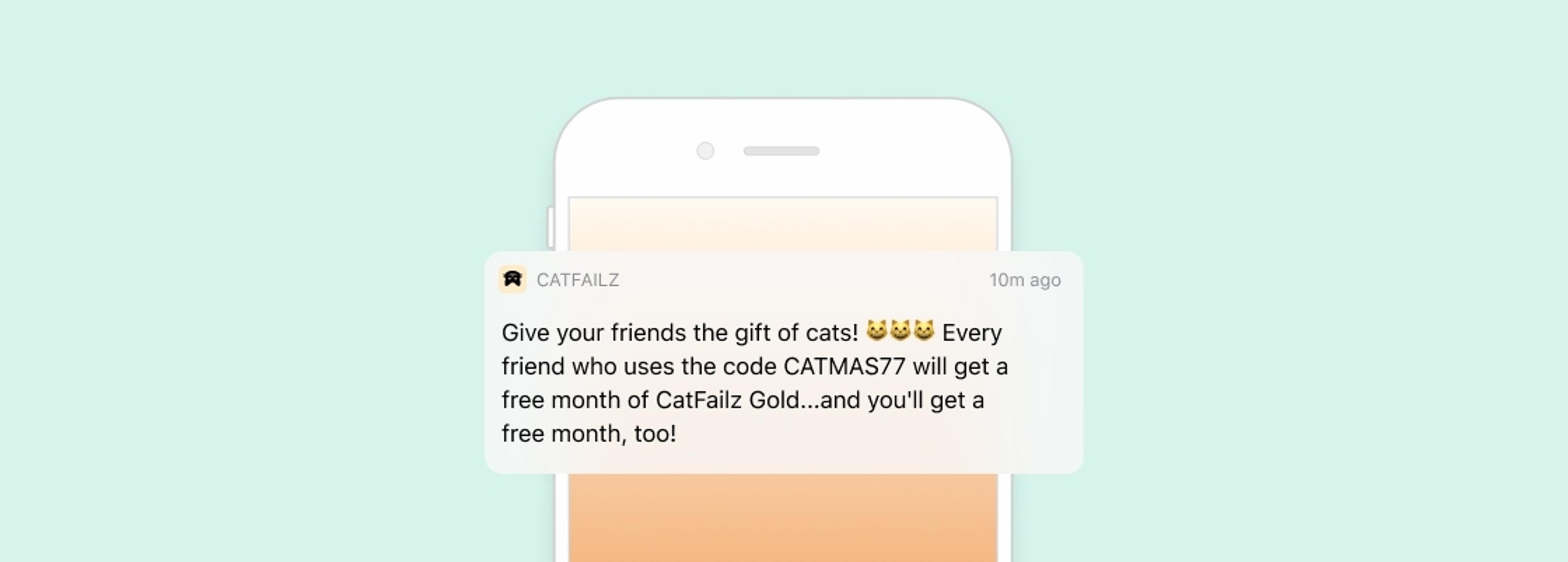 A mobile notification from CatFalz promoting a referral code for a free month of service. The message encourages users to share the code with friends.