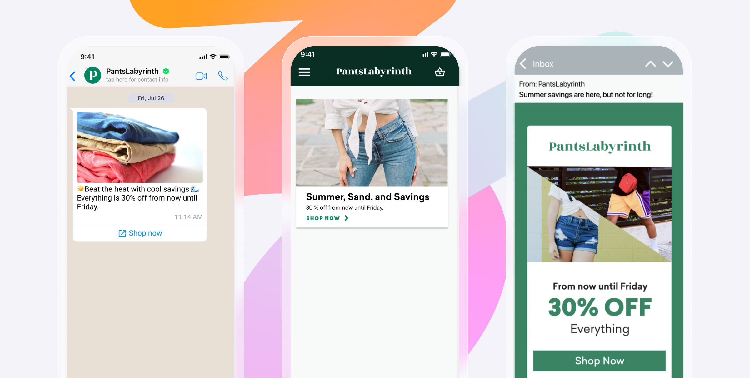 Three smartphone screens displaying promotional messages from a clothing brand. The messages highlight summer sales and discounts, encouraging users to shop now.