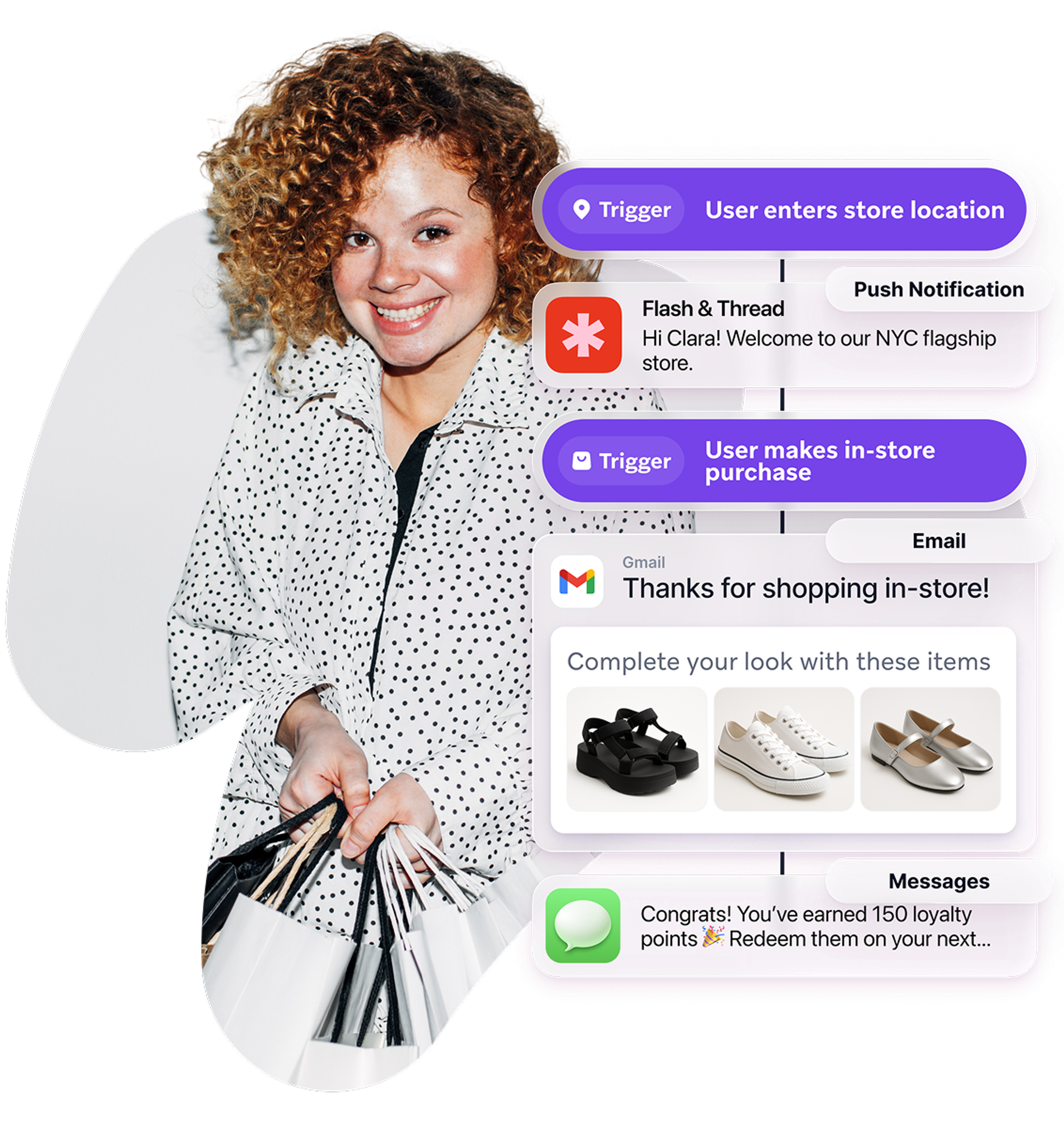 A woman with shopping bags uses her phone, displaying personalized retail notifications for store entry, purchases, product recommendations, and loyalty points.