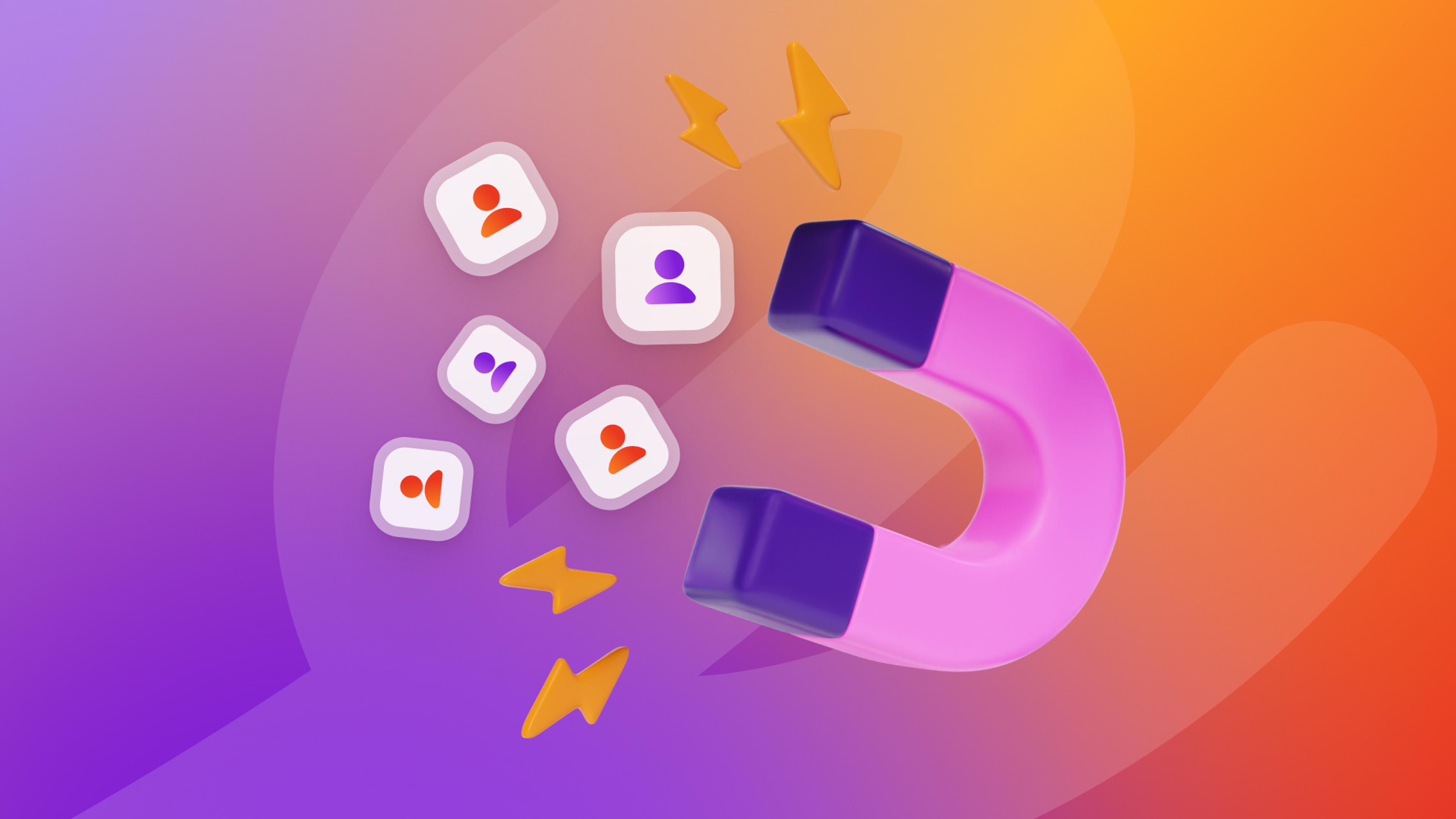 A pink horseshoe magnet attracting multiple user icons with yellow lightning bolts.